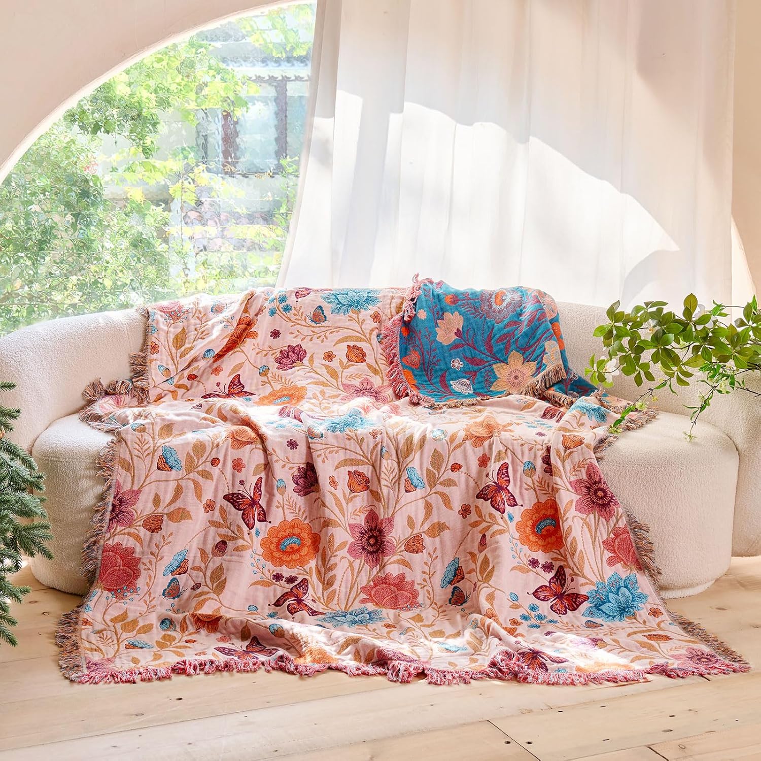 Boho Throw Blanket - 100% Cotton Ultra Soft Muslin Blanket, 60"x80" Lightweight Floral Butterfly Framhouse Bedding Fall Blanket for Bed, All Season Beige Bohemian Bedroom Home Decor Quilt - Image 2