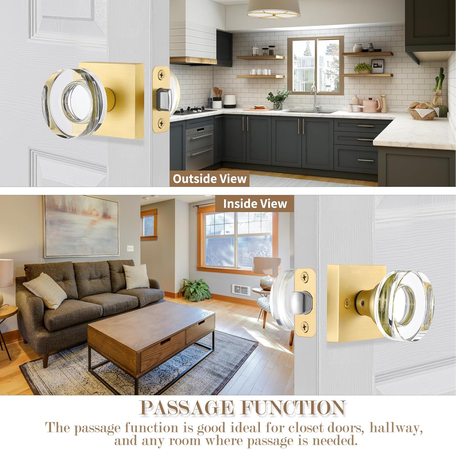 Passage Crystal Door Knobs Interior Glass Door Knob for Closet and Hallway, Brushed Gold Square Door Knobs, Modern Satin Brass Door Handles