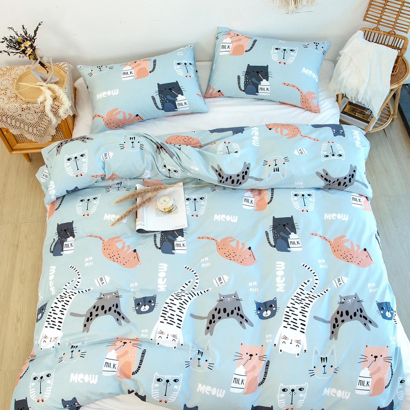 Axolotl Cat Duvet Cover Set - King Size, Colorful Cat Bedding Set with Zipper, 3Pc Cute Comforter Cover Set for Teens Kids Boys Girls Adults, 1 Quilt Cover 2 Pillow Cases