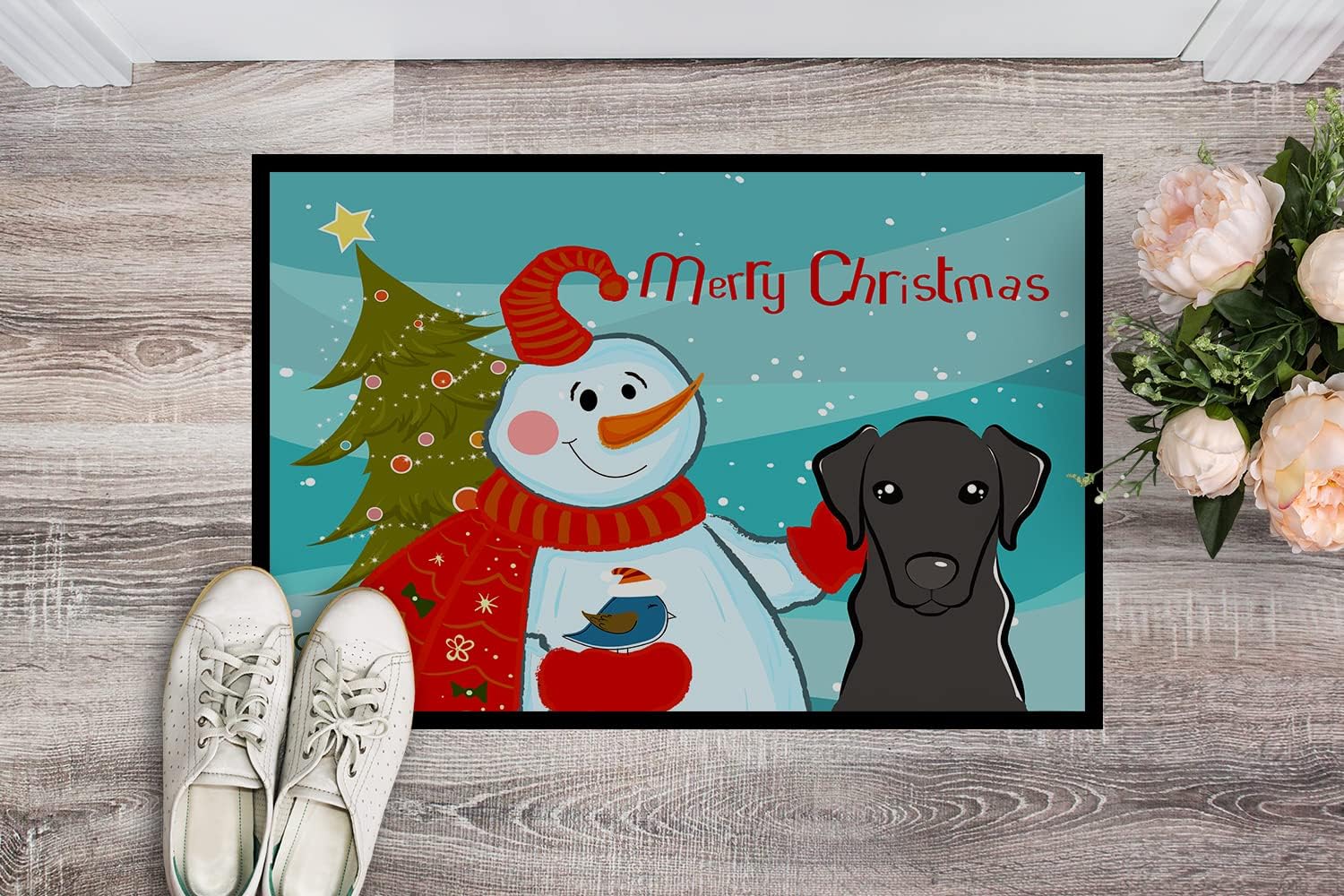 Caroline's Treasures BB1855MAT Snowman with Black Labrador Doormat 18x27 Front Door Mat Indoor Outdoor Rugs for Entryway, Non Slip Washable Low Pile, 18H X 27W