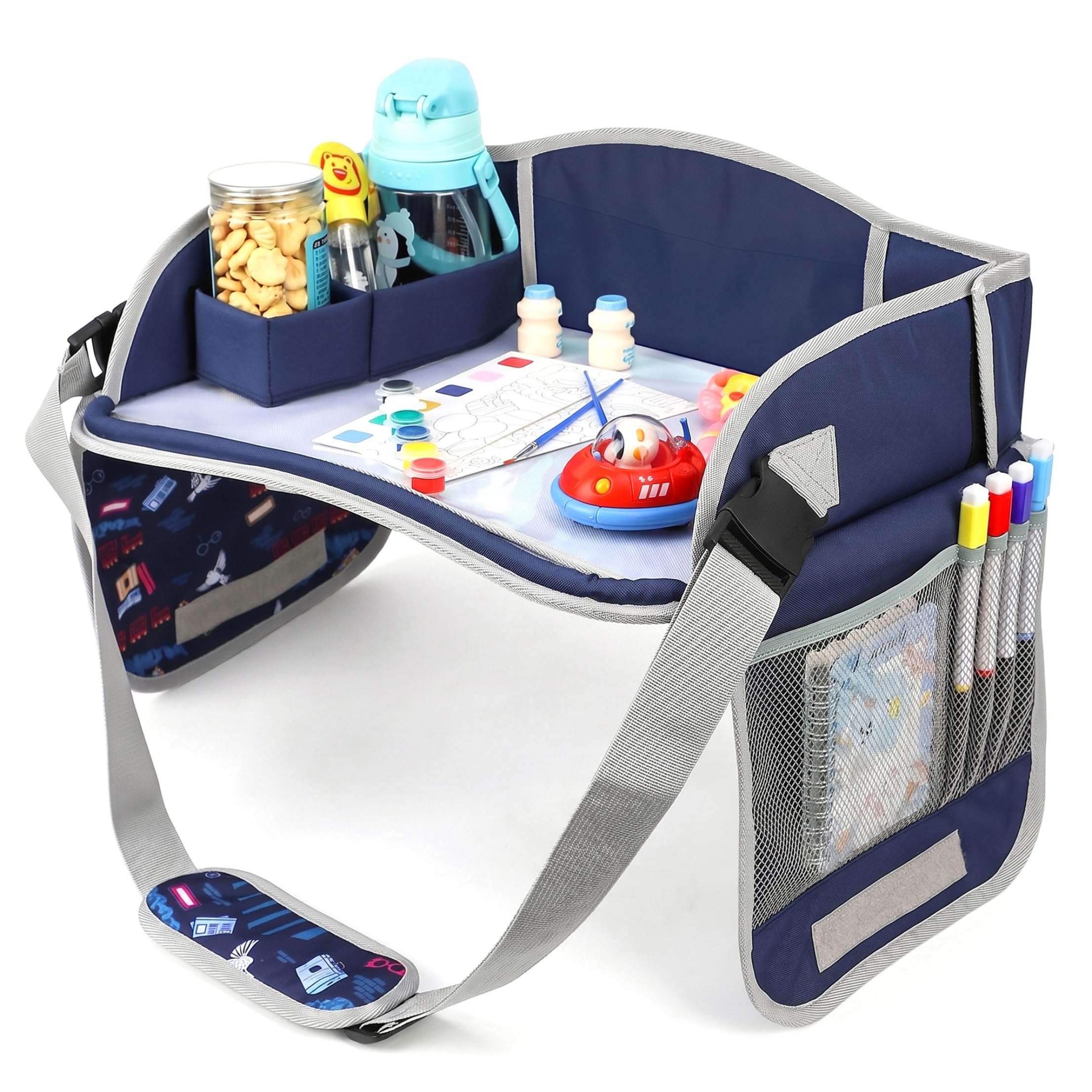 Vassoio da viaggio per bambini, grande vassoio da disegno pieghevole per seggiolino auto, con tasche portaoggetti, per ragazze e ragazzi, blu scuro
