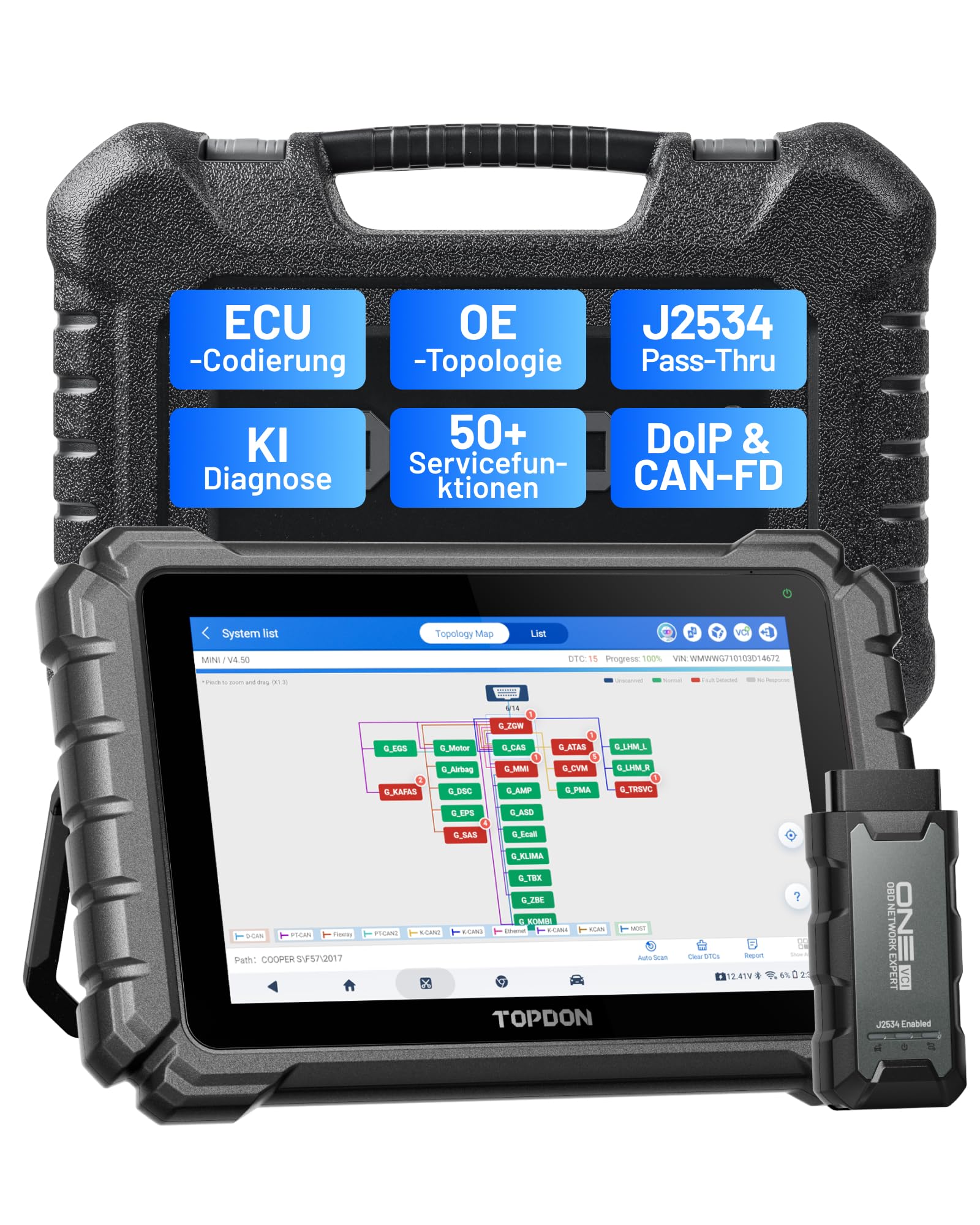 TOPDON ONE 10,1" bidirektionaler OBD2 Diagnosegerät, J2534 Pass-Thru, ECU-Codierung&über 50 Servicefunktionen, Alle Systemdiagnosen mit TopFix KI, OE-Topologie, FCA/Renault/VAG SFD SGW-Zugriff, CAN-FD