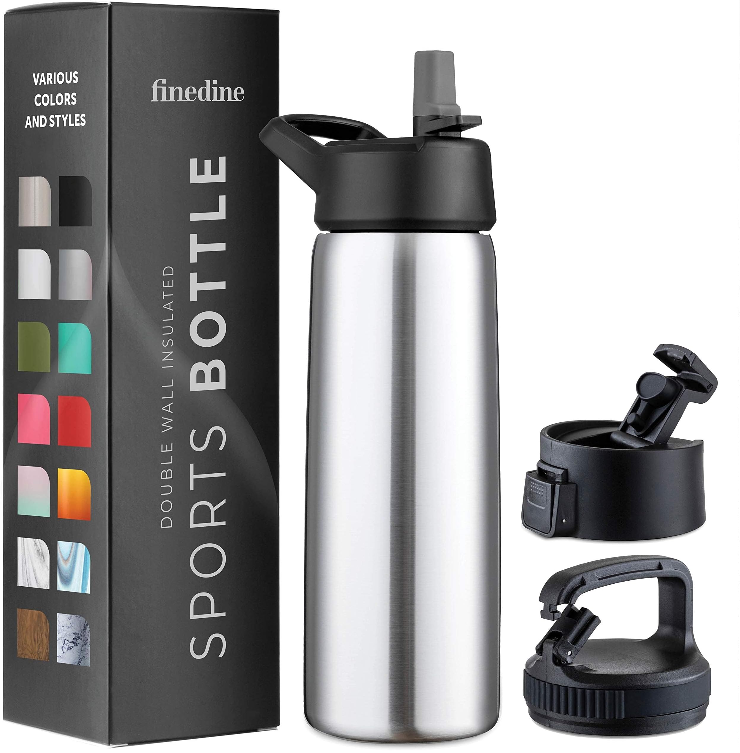 FineDine Triple Insulated Stainless Steel Water Bottle with Straw Lid - Flip Top Lid - Wide Mouth Cap (769ml) Insulated Water Bottles, Keeps Hot and Cold - Great for Hiking & Biking.