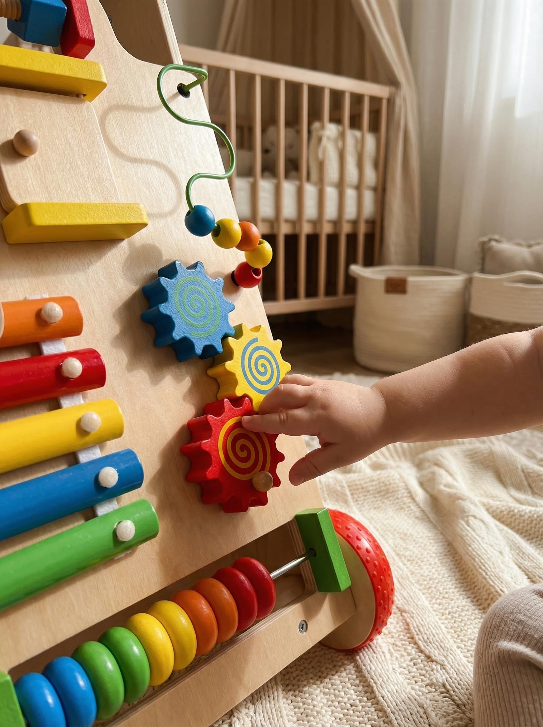 KiddyMoon Drewniany chodzik interaktywna zabawka edukacyjna dla dzieci wielofunkcyjna zabawka do pchania dla niemowląt Montessori Walker dla dzieci model WK-002, wielokolorowa