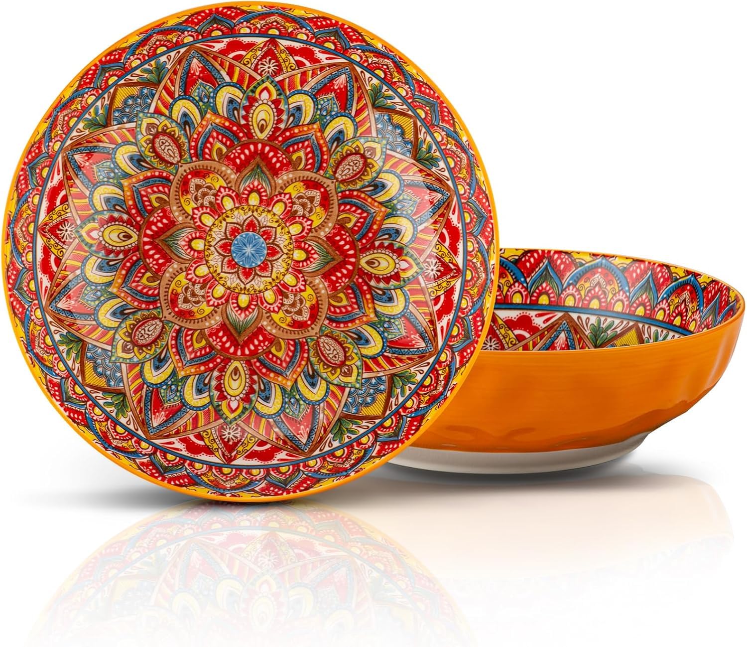 Angju Boho Large Serving Bowls,10 inch Fruit Salad Bowls, 75 Oz Pasta Bowls Set of 2,Decorative Serving Dishes for Entertaining, Vibrant Color Soup Bowls for Party,Microwave Dishwasher Safe (Orange)