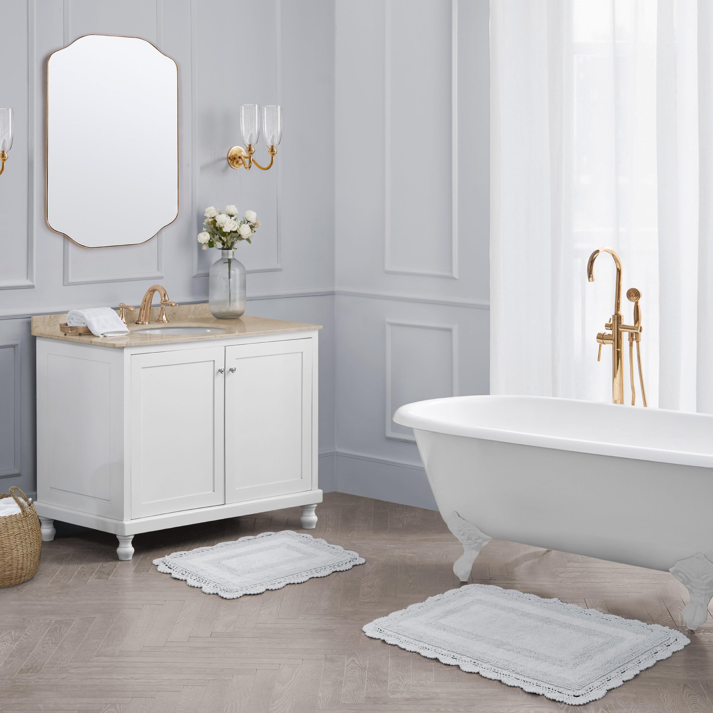 Laura Ashley Set di 2 tappeti da Bagno in Cotone all'Uncinetto, 43 x 61 cm, 53 x 86 cm, Colore: Grigio Chiaro