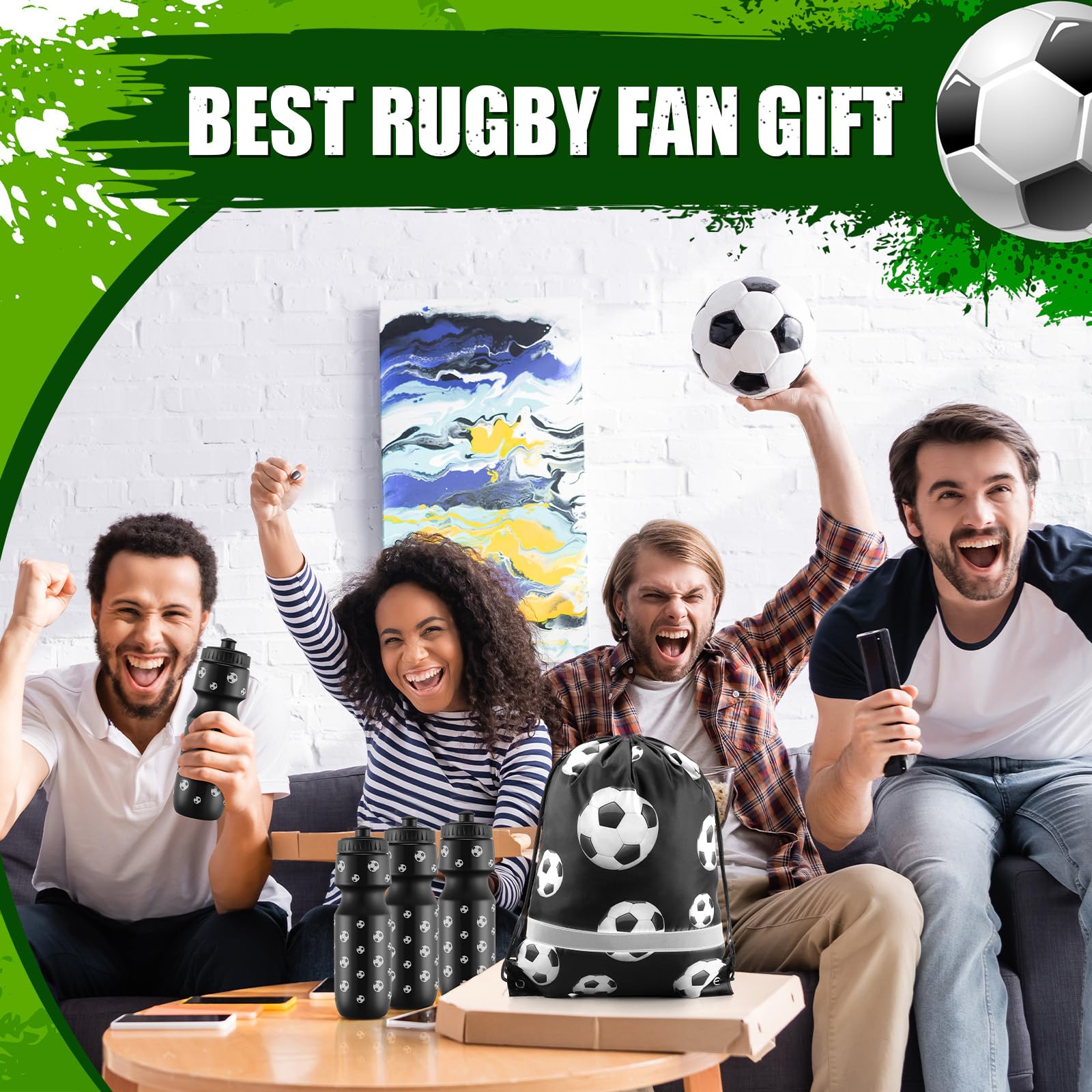 12 botellas de agua de fútbol de 24 onzas para fiestas de fútbol, regalo para equipo con bolsa de cordón, vaso, taza, accesorios temáticos deportivos para suministros de regalo de eventos 7