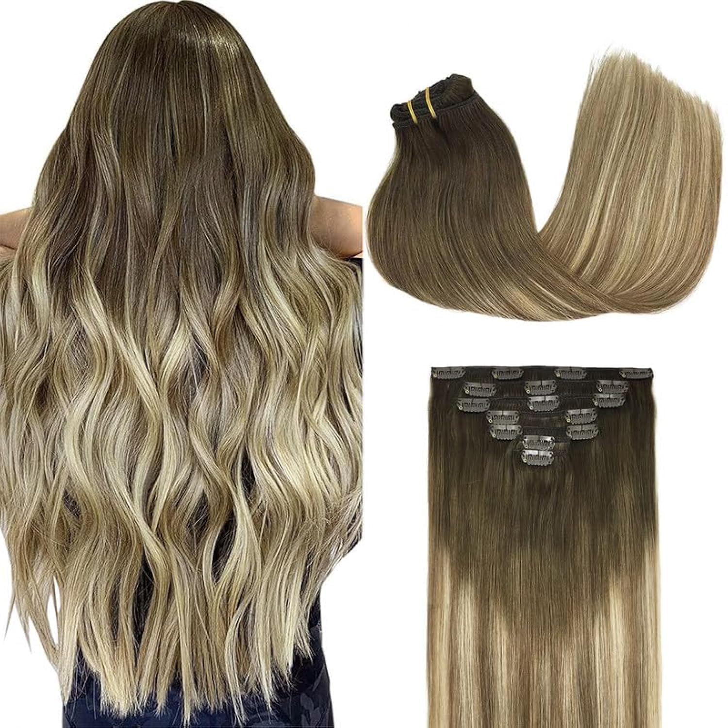GOO GOO Clip in Hair Extensions Real Human Hair, Remy Human Hair Extensions Clip ins for Women, Natural Human Hair, 20inch 120g 7Pcs, 3/8/613 Balayage Walnut Brown to Ash Brown and Bleach Blonde