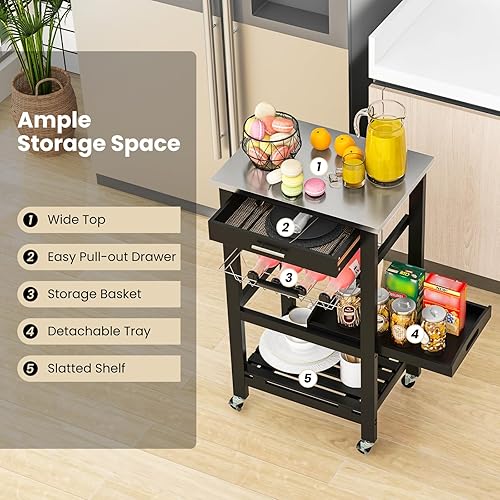 Miniatura 4 de Giantex Carrito de isla de cocina, carrito de almacenamiento móvil de cocina con mesa de acero inoxidable, cajón, cesta, estante, bandeja de servir,