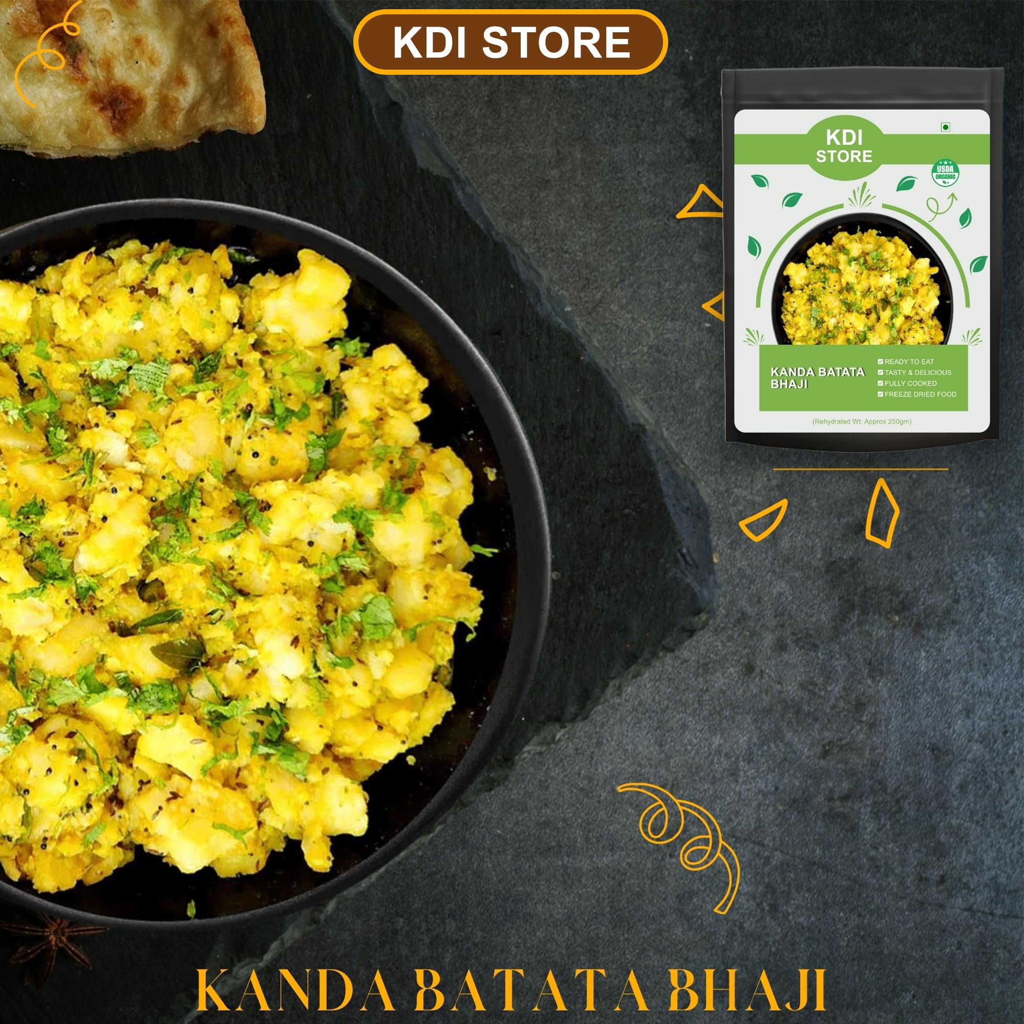 KDI Store Kanda Batata Bhaji, Ready to Eat Indian Spiced Potato Stir Fry, Freeze Dried Food, USDA Organic, 55g