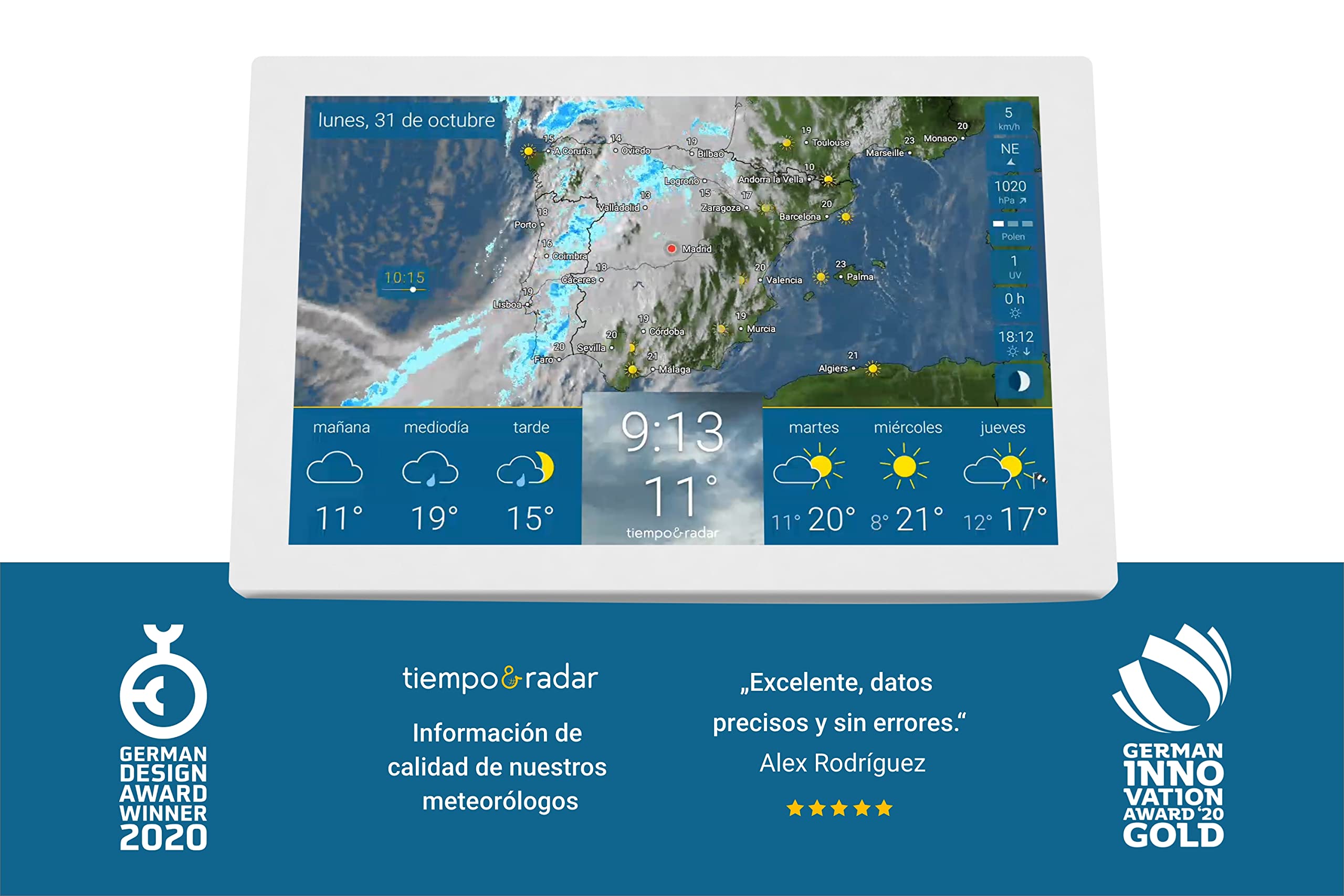 tiempo & radar home 2 – Estación meteorológica wifi inalámbrica táctil – Pronóstico y radar de lluvia, alertas, reloj digital, indicaciones de temperatura, viento