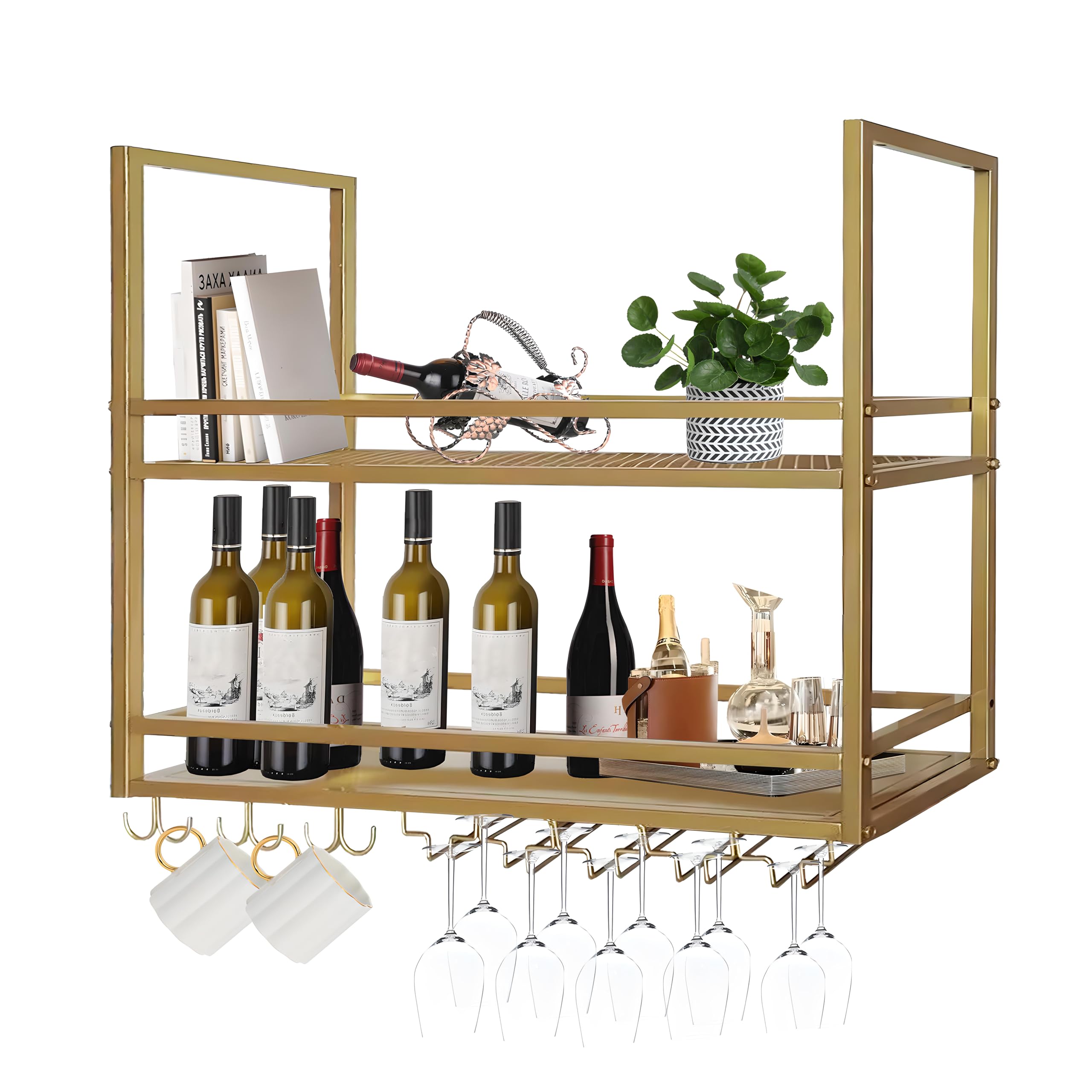 Deckenregal Weinregal, Hängend Metall Weinflaschenhalter, 2-Lagiger Wandmontage Wine Display-Ständer, Decke Dekoration Regal für Bars, Restaurants, Küchen (Gold, 80CM)