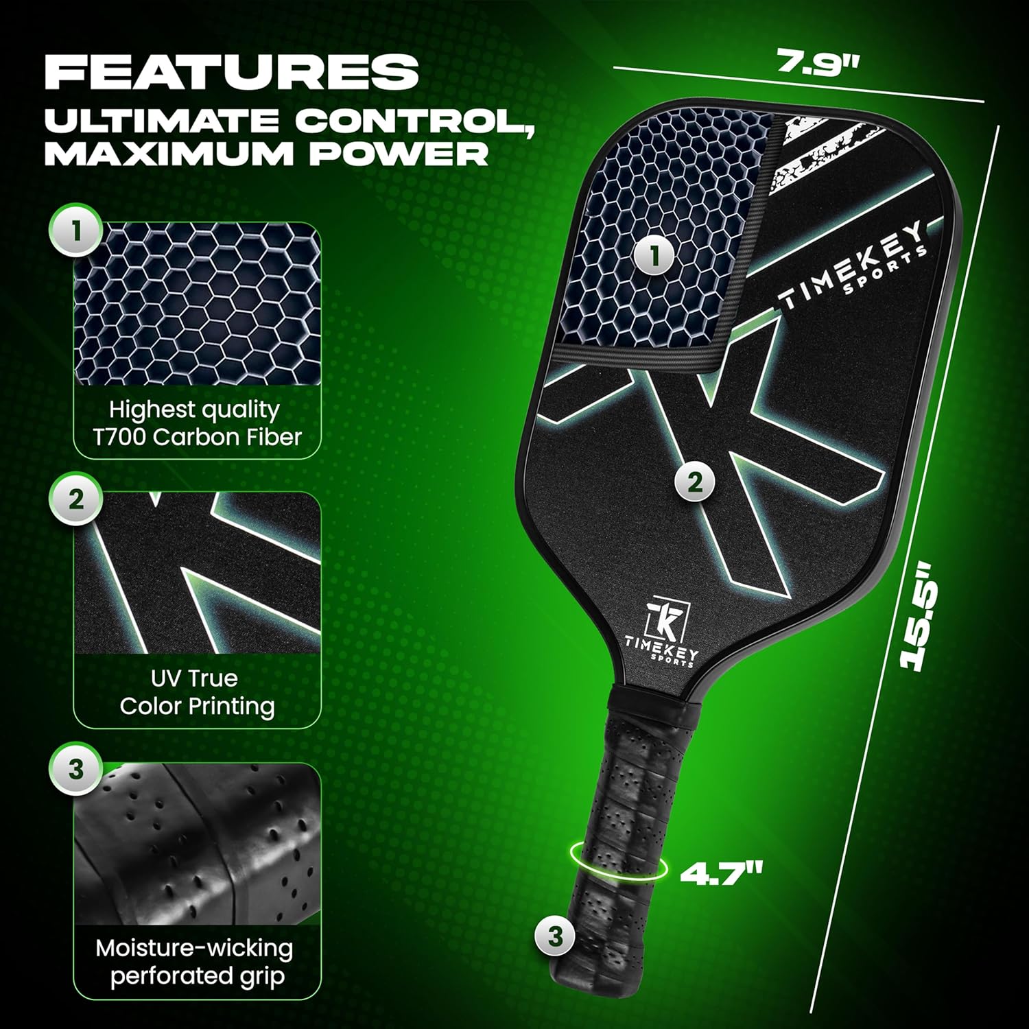 Pickleball Paddles Set of 2, Reinforced T700 Raw Carbon Fiber Paddles with High Texture Surface and Perforated Comfort Grip, Honeycomb Polypropylene Core, 4 Durable Pickleballs & Carry Bag. - Image 2