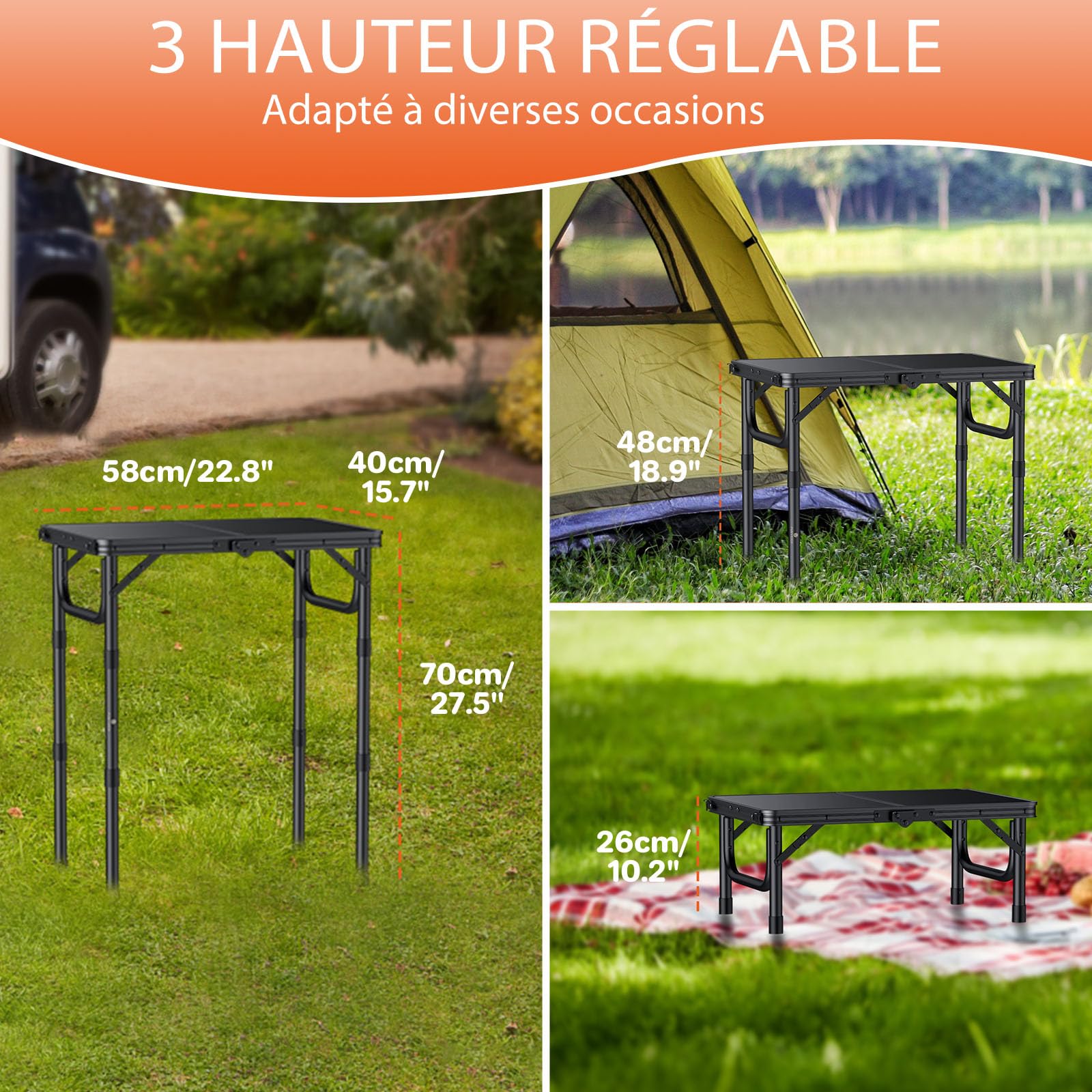 FUNYKICH Table Pliante Multifonction extérieur Camping 58x40cm Aluminium MDF Portable 66lbs Noir