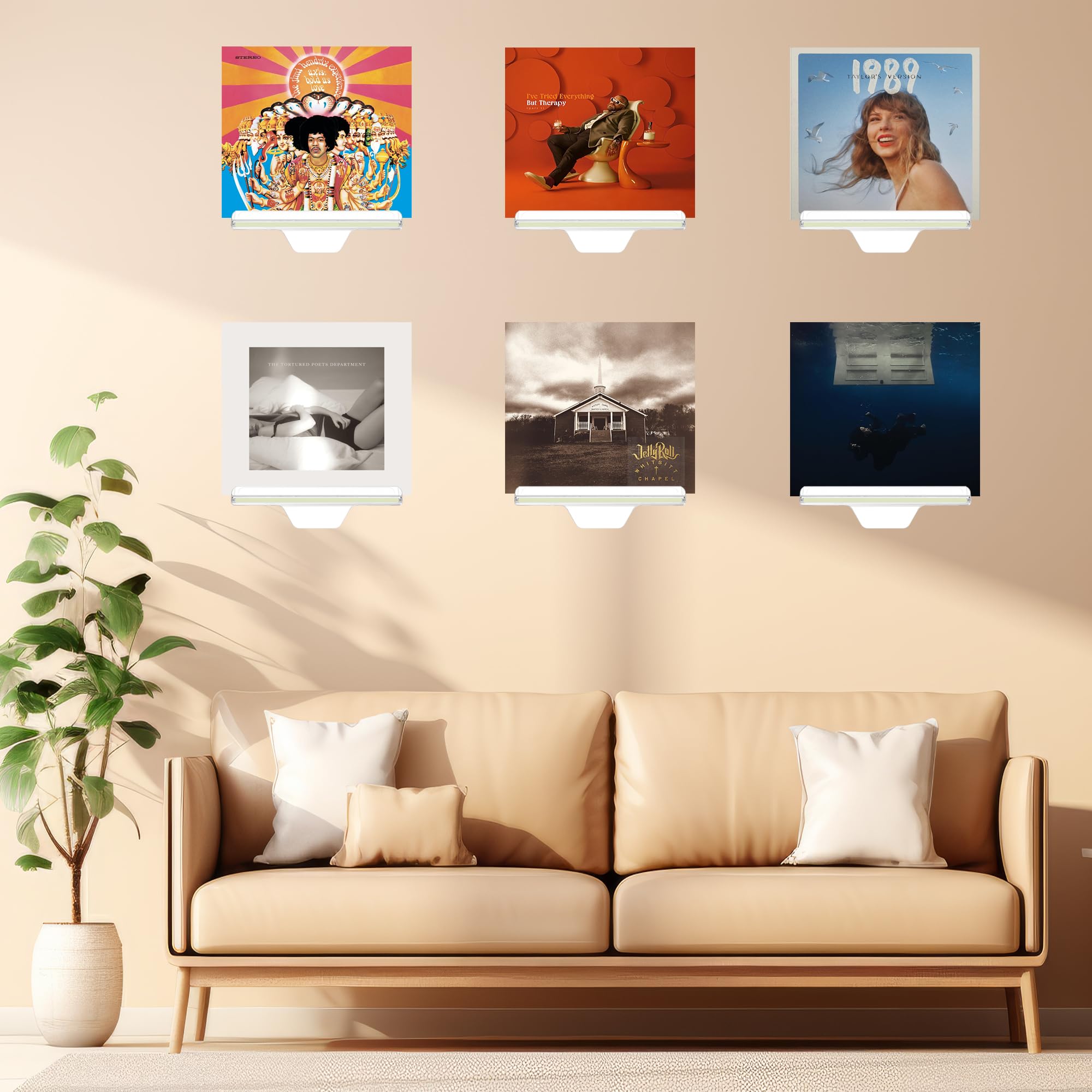 TERDEWE Paquete de 10 estantes de vinilo transparente de 4 pulgadas, soporte de pared para discos de vinilo con tira fluorescente, soporte transparente para álbum de vinilo, DVD, fotos, maquillaje,