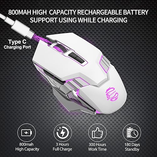 Miniatura 3 de Ratón Bluetooth blanco, inalámbrico USB recargable y BT5.03.0 de modo dual con luz RGB, botones laterales, 2400 DPI, mouse ergonómico inalámbrico