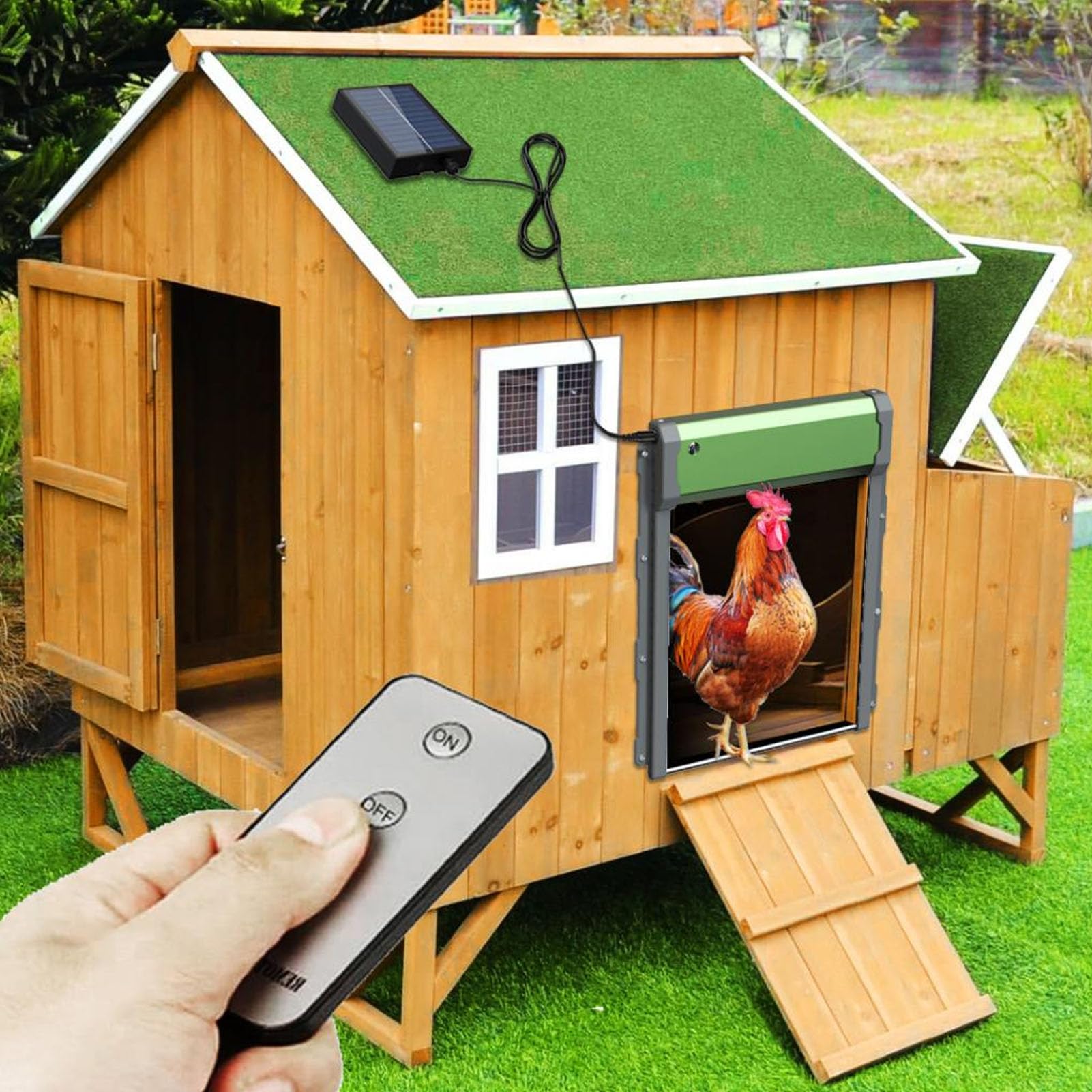 ZJchao Porte Automatique de Poulailler Solaire avec Minuterie, Capteur de Lumière et Télécommande, Ouvre-Porte Automatique étanche pour la Ventilation du Poulailler