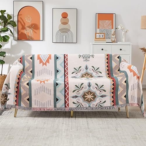 Homcosan Funda de sofá reversible geométrica para sofá de 2 plazas, funda de sofá bohemia con borlas, protector de sofá para mascotas y niños