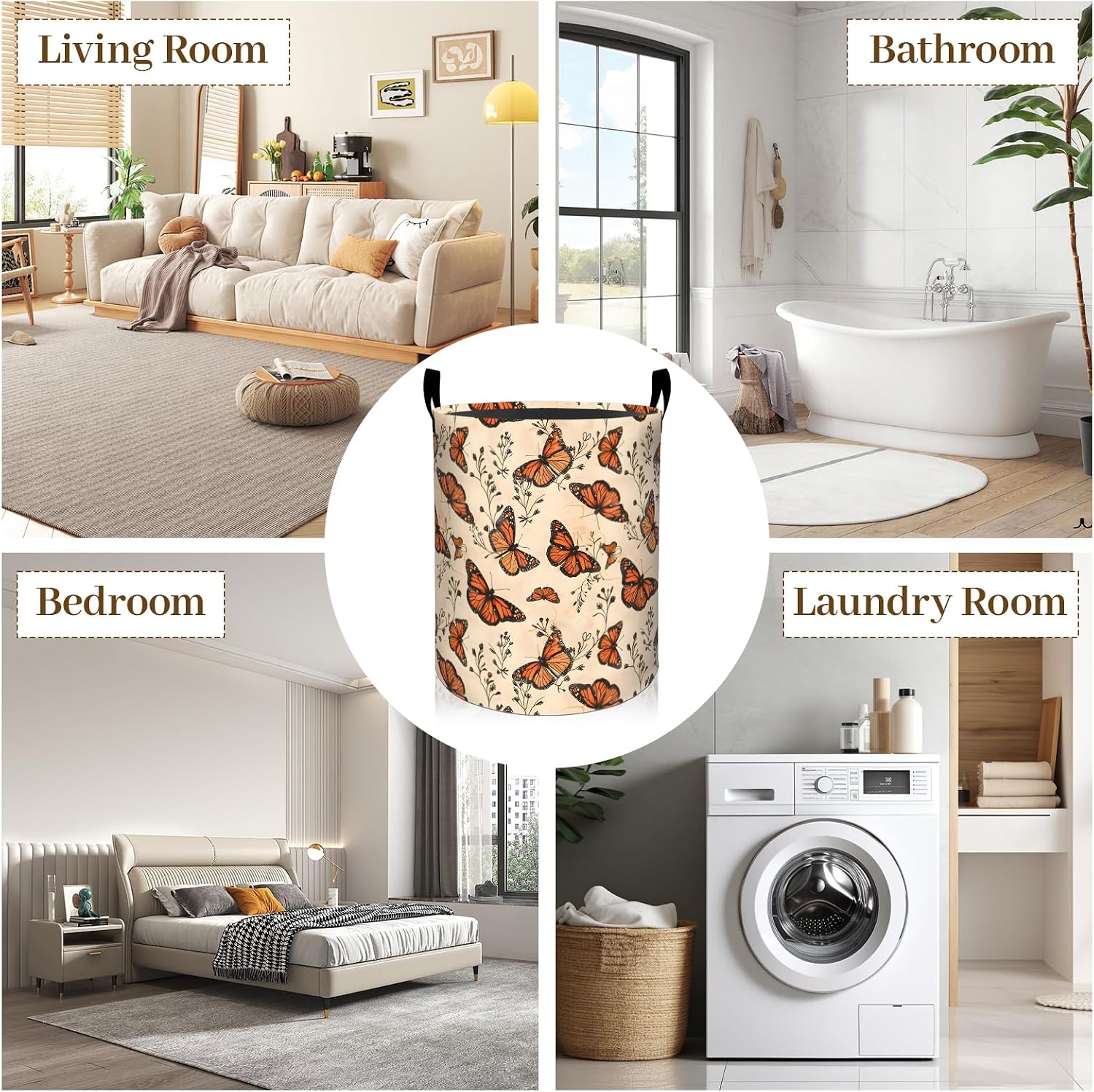 Butterfly Laundry Basket, Vintage Butterflies Foldable Oxford Cloth, Waterproof Dirty Clothes Hamper with Handles, Clothing Storage Bin Toy Organizer for Bedroom Dorm Bathroom, 19.7"x15.7"