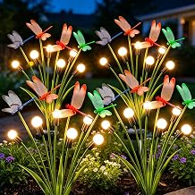 Solar Lights Outdoor Waterproof, 4 Pack Solar Firefly Swaying Lights with 16 Pcs 3D Dragonflies, Realistic Dragonfly Decorative Garden Decor for Outside Yard Patio Pathway, Gifts for Women Mom