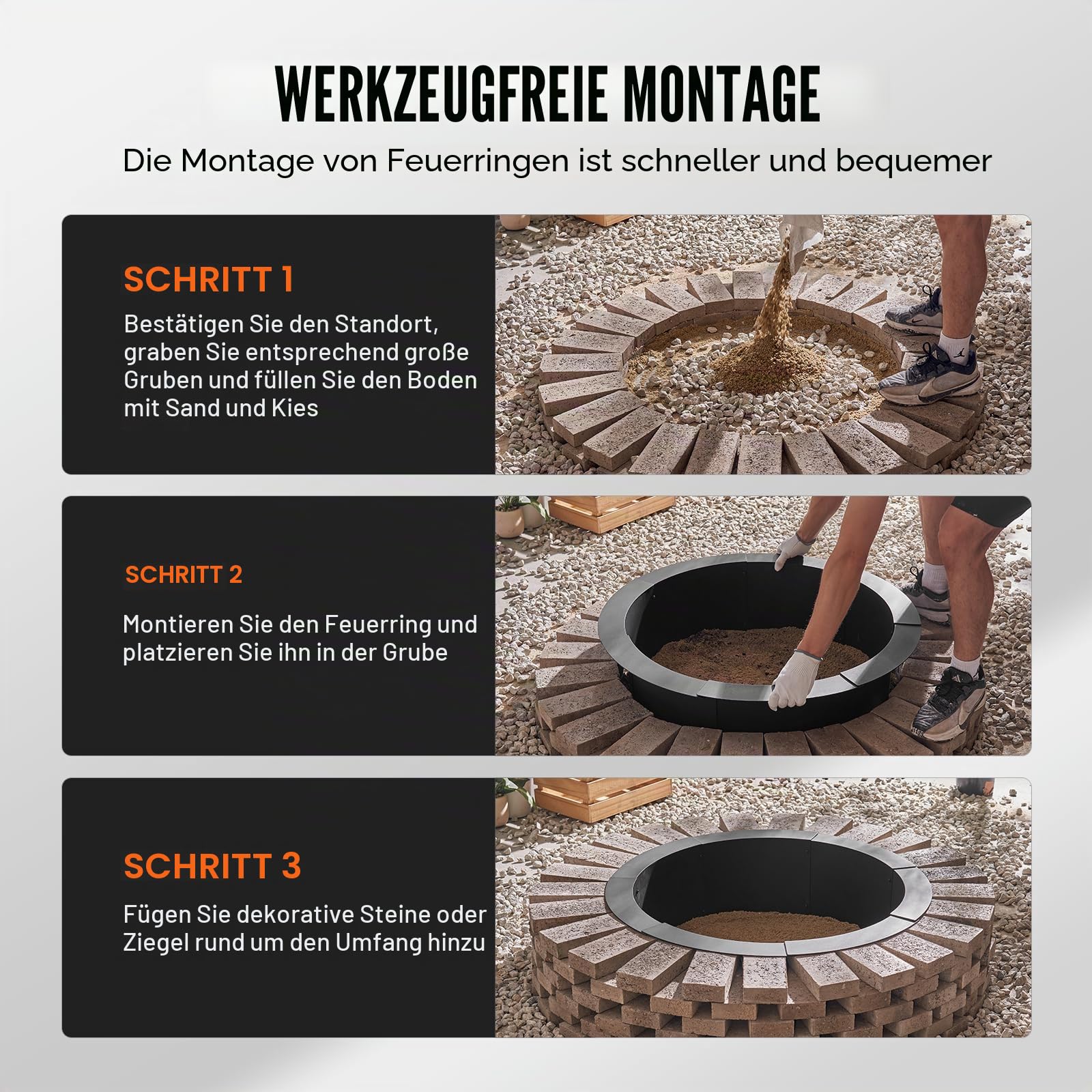 VEVOR Feuerstellenring, 91,4 cm Außendurchmesser/76,2 cm Innendurchmesser, 25,4 cm Höhe, 2,5 mm Dicker Feuerstelleneinsatz, robuste Auskleidung aus Karbonstahl, DIY-Lagerfeuerring über oder im Boden