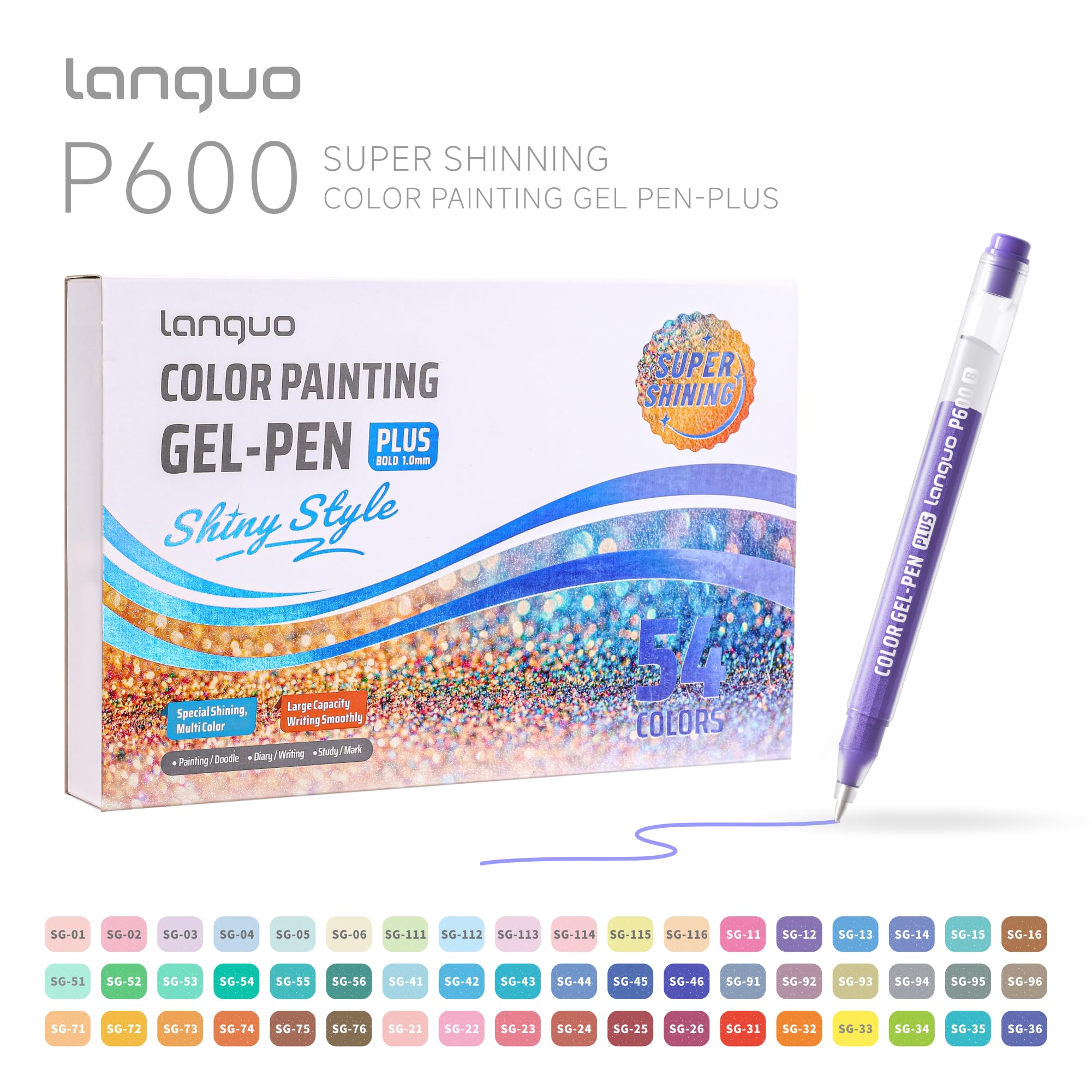 languo Stylos Gel Pailletés pour Coloriage, Set de 54 Couleurs à Effet Scintillant Spécial, Stylos Gel Multi-Paillettes pour Dessin, Doodling, Journal Créatif et Loisirs Créatifs
