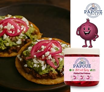 Pickled Red Onions, Hot and Spicy, 32 FL OZ, Jalapenos, All Natural, Low Calorie, Gluten Free, Fat Free, No Preservatives, Low Sugar, Pickled Vegetables, Premium Pickled Red Onion and Jalapeno Blend, Snack, Side Dish, Topping Made by Papouz