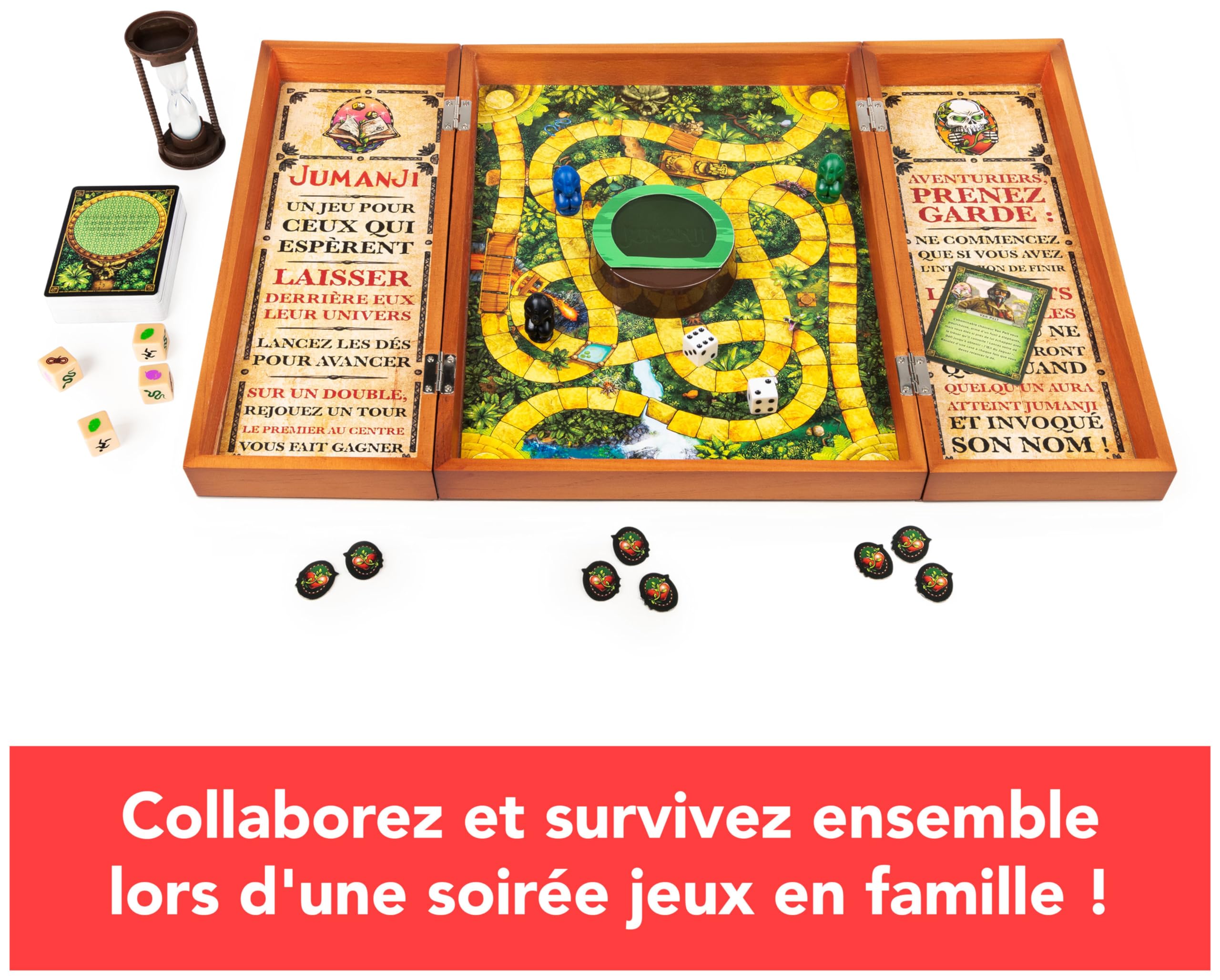 Spin Master Games - Jeu Jumanji avec Plateau Bois Retro - Jeu de Société Famille avec Nombreux Défis - Ambiance du Film Jumanji - Version Française - Jouet Enfant 8 Ans Et +