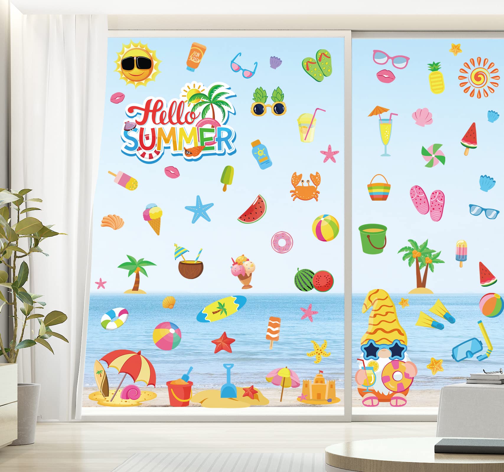Whaline 9 Sheets Pool Beach Window Clings Stickers Sun Beach Drinks Ice Cream Flip Flops Double-Sided Summer Window Decals for Summer Pool Party Supplies School Home Office Accessories Gifts