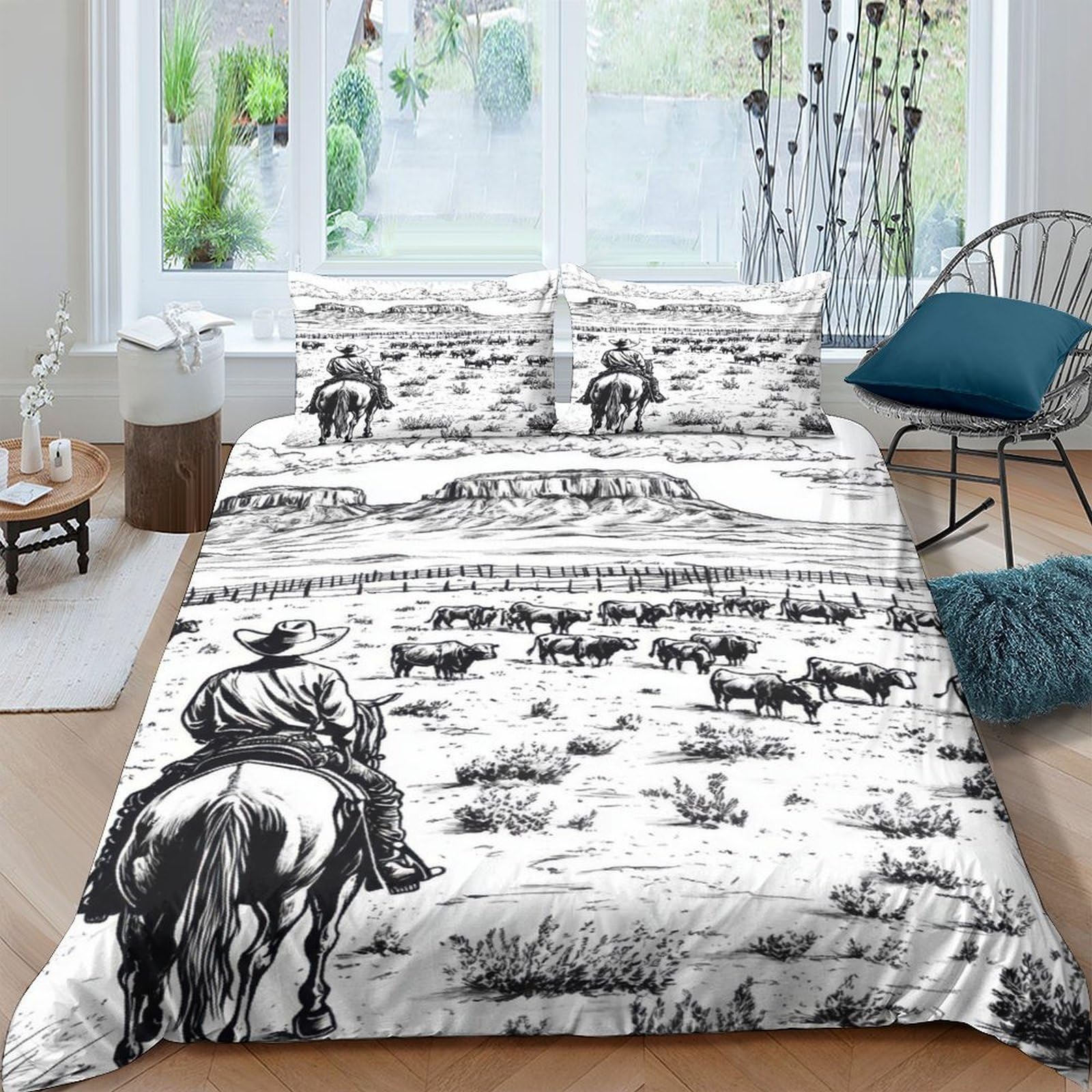 GPLZQXKJNH 3D Printed Cowboy Western Duvet Cover Microfiber Soft Breathable Prairie Horse Bedding Set with 2 Pillowcases for Bedroom Decor, Single（135x200cm）