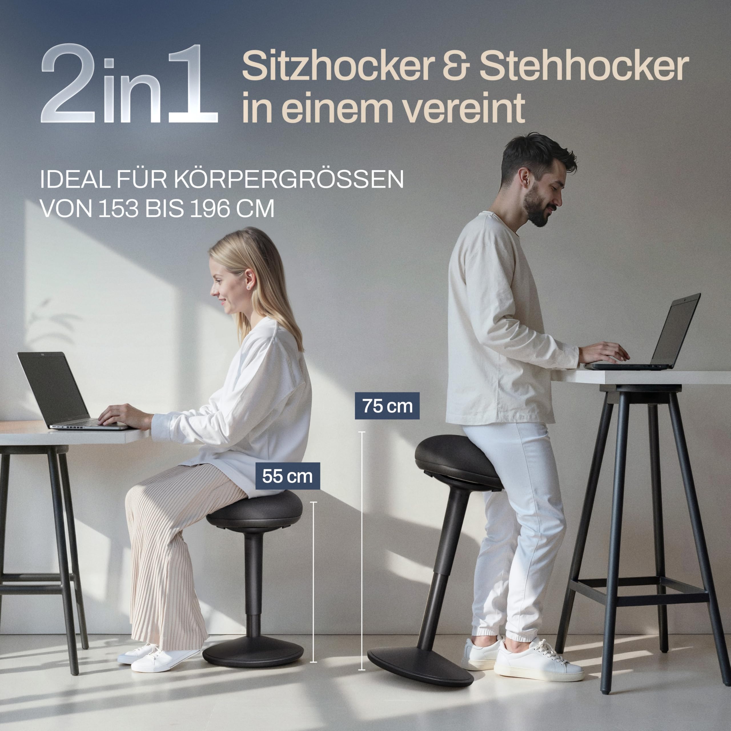 Bürohocker ergonomisch [Zertifiziert] 2in1 Sitzhocker & Stehhocker höhenverstellbar | Ergonomischer Hocker Schwarz für Büro und Schreibtisch - Wackelhocker + Pendelhocker mit Schwingeffekt