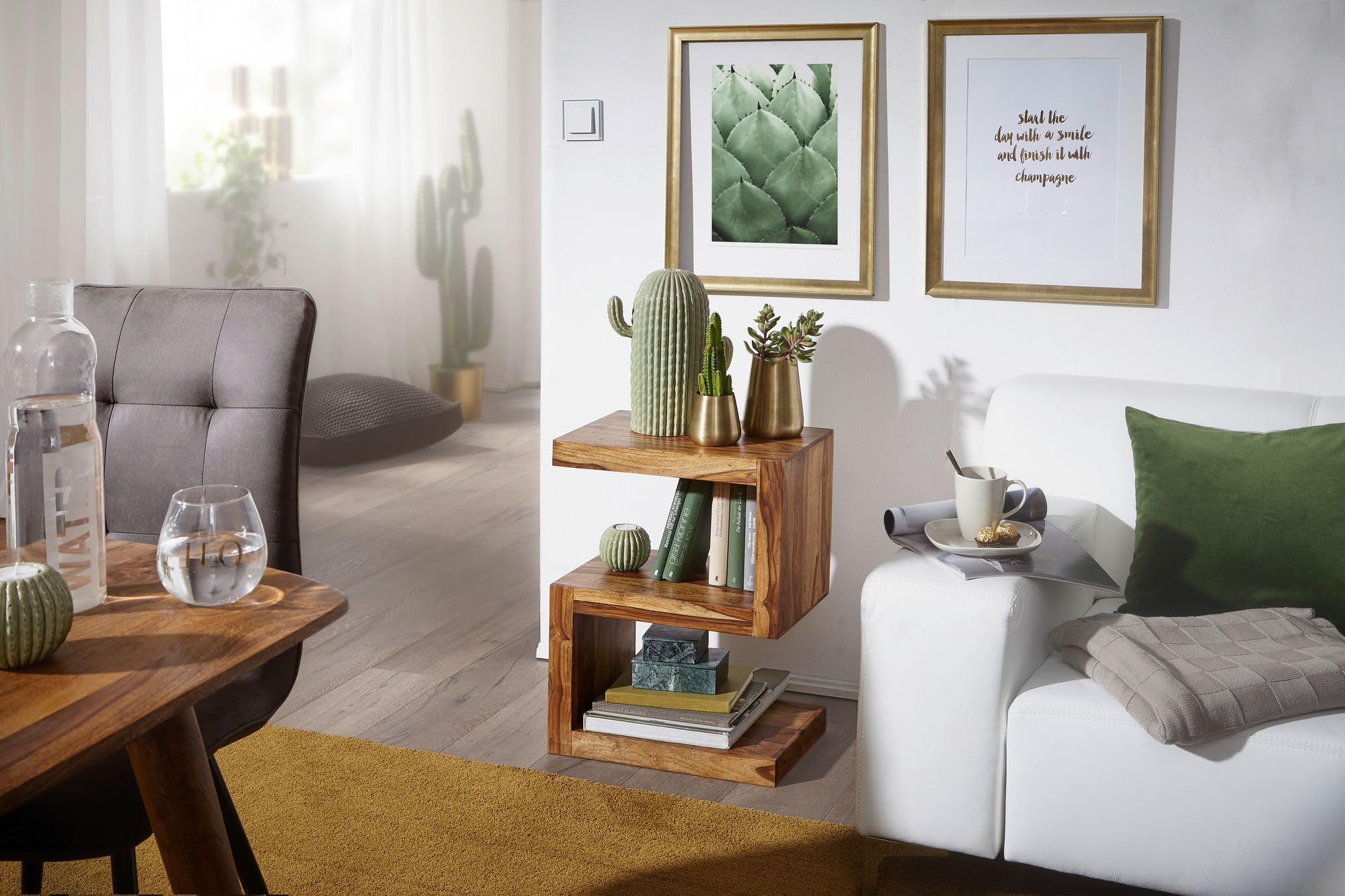 FineBuy Tavolino S Cubo 44x30x60 cm Legno Massello di Sheesham | tavolino da soggiorno in stravagante forma a S, tavolino da salotto in vero legno, fatto a mano, ogni pezzo è unico