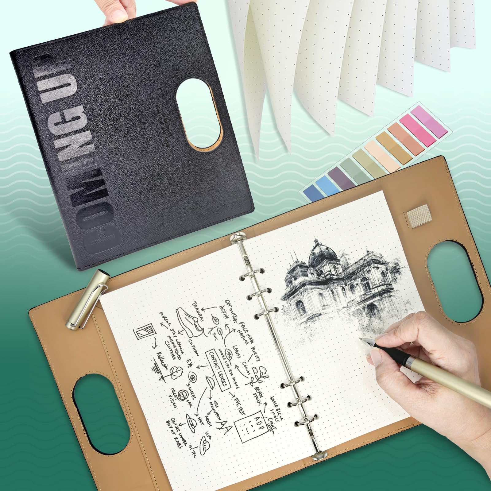 Gepunktetes A5-Notizbuch, tragbar, nachfüllbar, 14,7 x 21,1 cm, 160 Seiten aus 100 g dickem Papier, 6-Ring-Design, mit Stiftschlaufe und Index-Tab-Aufklebern, ideal zum Schreiben, Reisen, Arbeit und