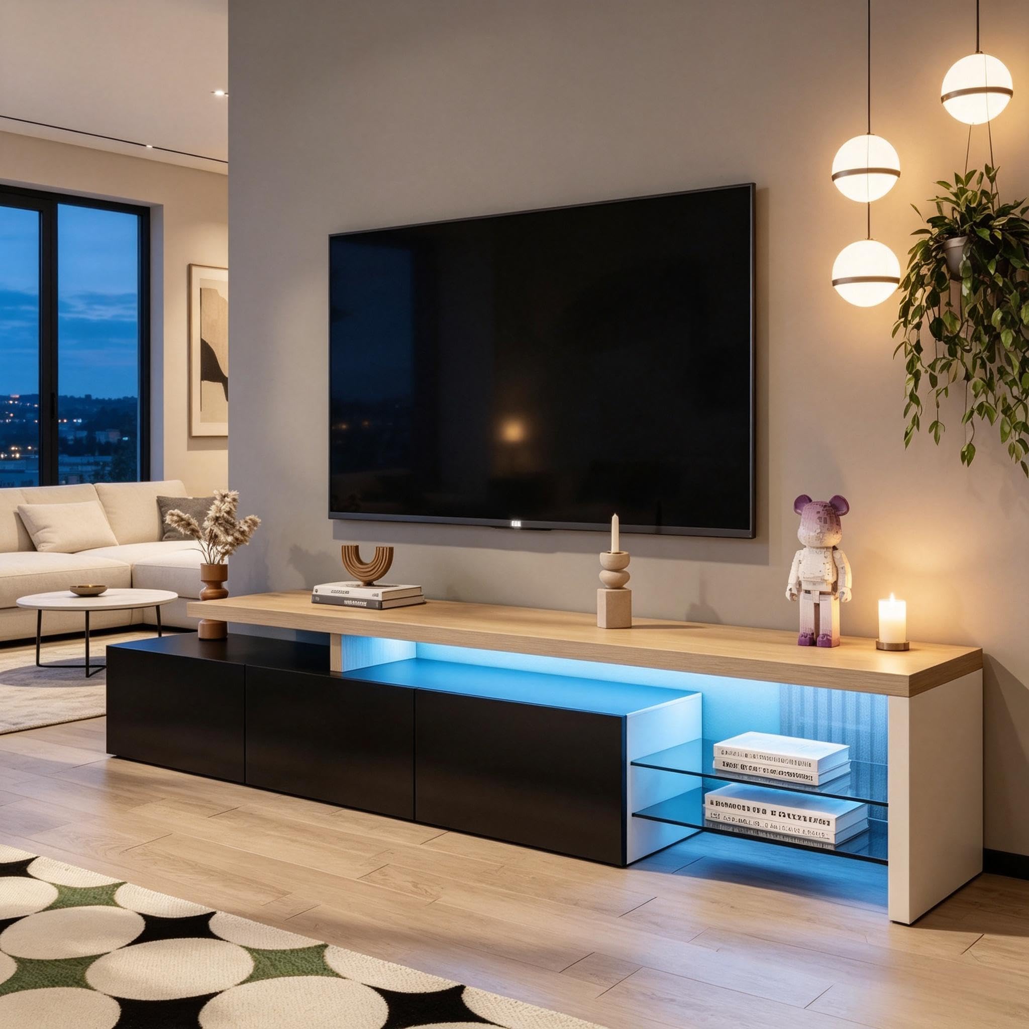 Mueble de TV Modular con Iluminación LED, Mueble de TV Moderno con 3 Puertas y 2 Estantes Abiertos de Vidrio, Mueble Bajo para TV Armario de Almacenamiento Elegante para Salón (Negro-3, 200x39x42)