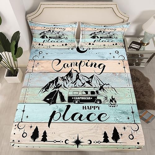 Vista 63 de Camper Decor Sábanas de cama Happy Camping, sábana bajera ajustable de campamento con juego de cama de montaña, juego de cama de verano para Multi 04