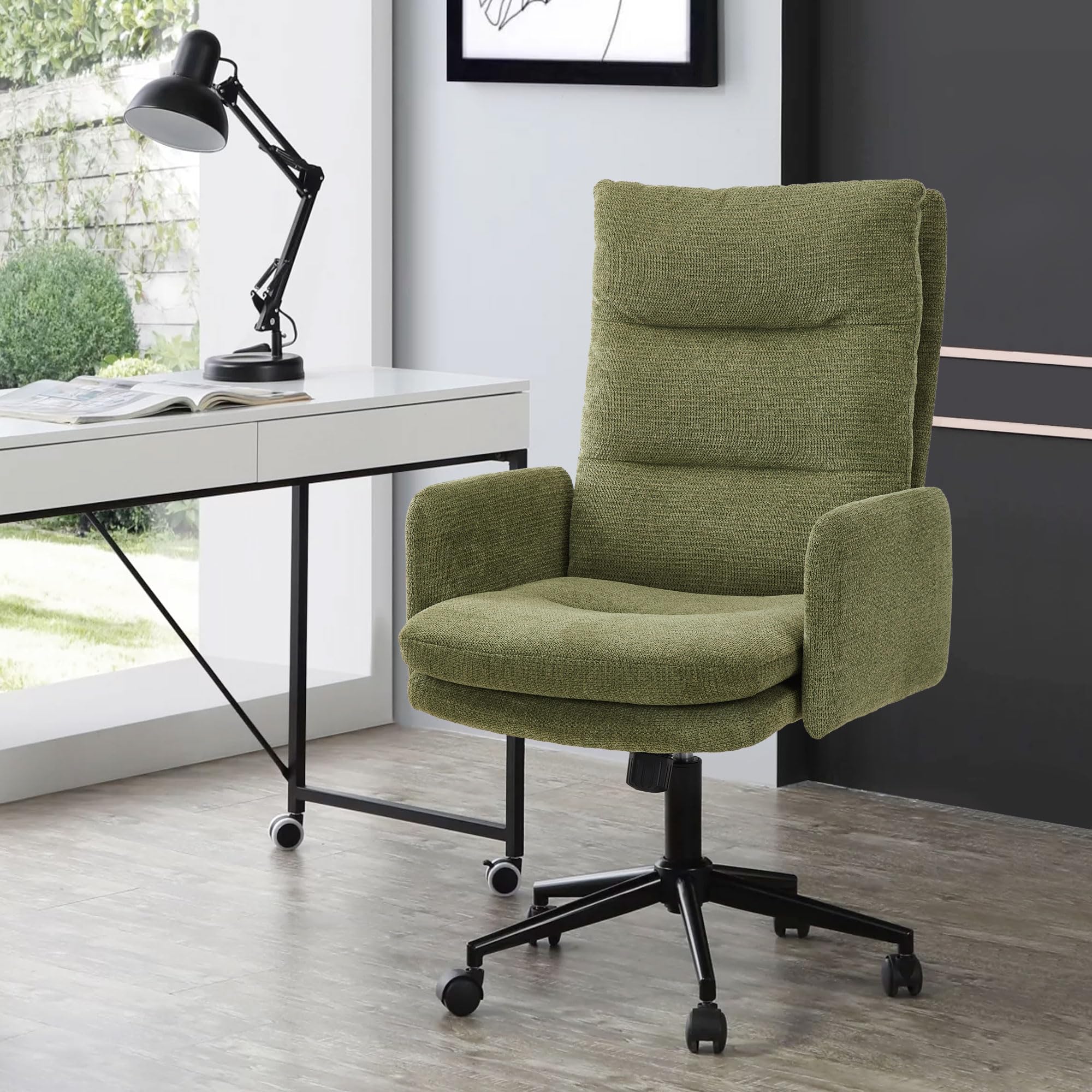 IWMH Schreibtischstuhl mit Hoher Rückenlehne,Bürostuhl Ergonomisch aus Kaschmir, Schminktisch Stuhl mit Armlehne, Drehstuhl Höhenverstellbarer Buero Wohnzimmer (Grün)