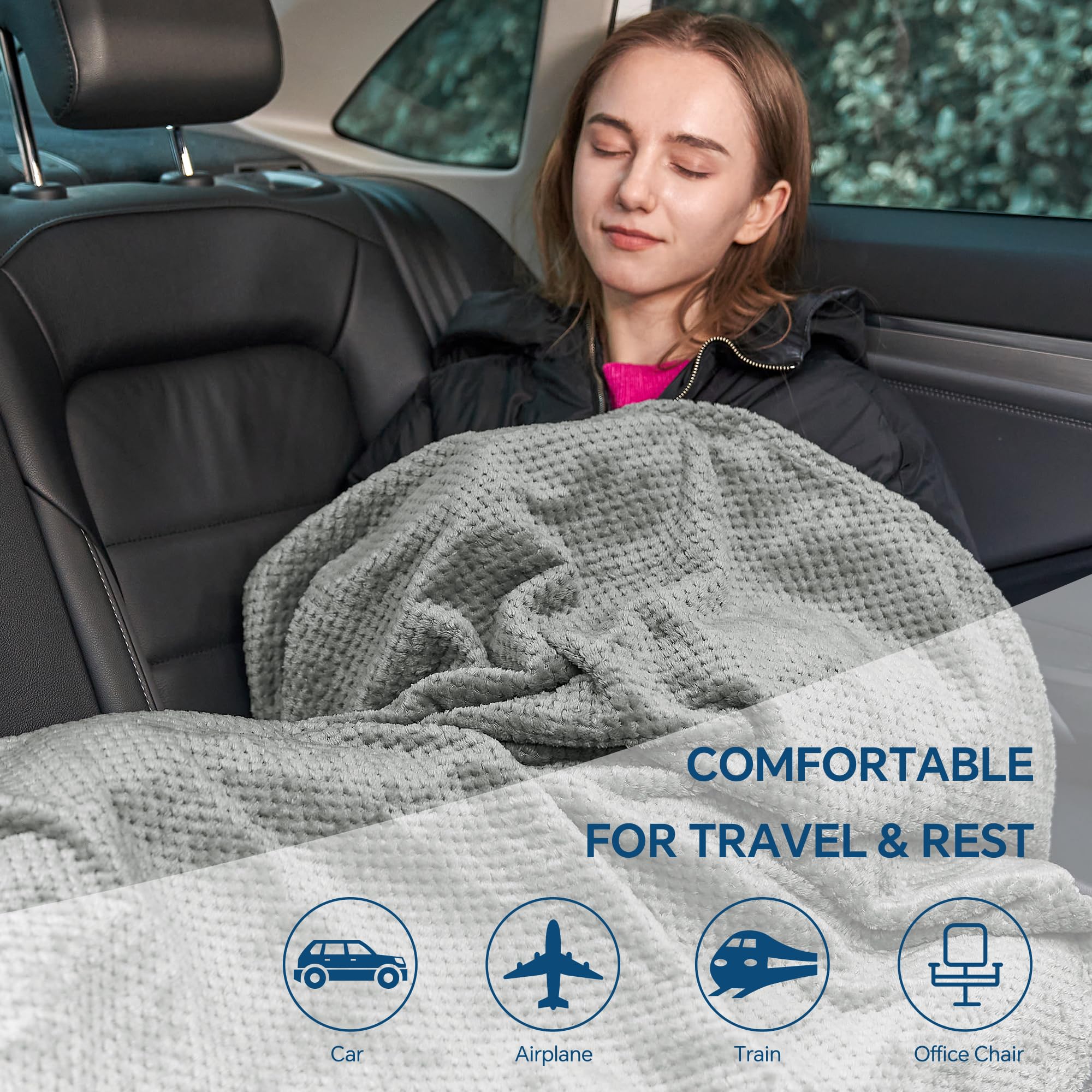 BEDELITE Travel Blanket with Bag, Jacquard Fleece Blanket 65"x40", Grey view 7