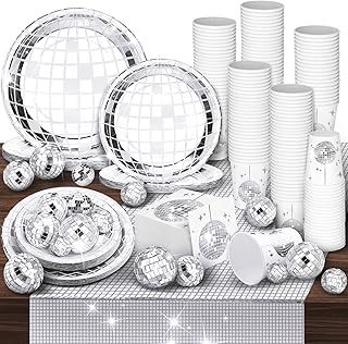 Marsui 121 Pcs 70s Disco Party Supplies Disco Ball Dinner Paper Plates Disco Paper Cups Disco Cocktail Napkins Table Runner for Wedding 80s 90s Picnic Travel (Silver)