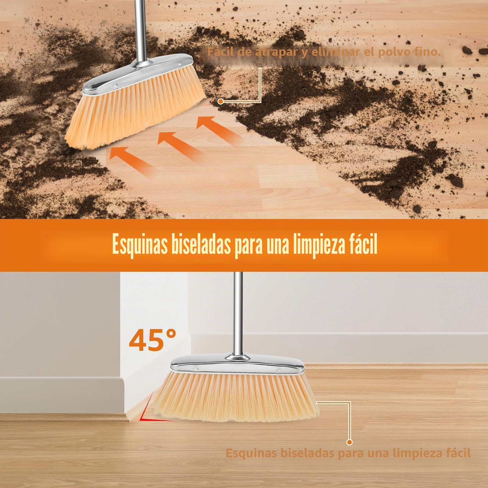 Juego de escoba y recogedor con mango largo, 118 cm, acero inoxidable, barredora y recogedor, pala vertical, limpieza hogar, oficina, porche, terraza