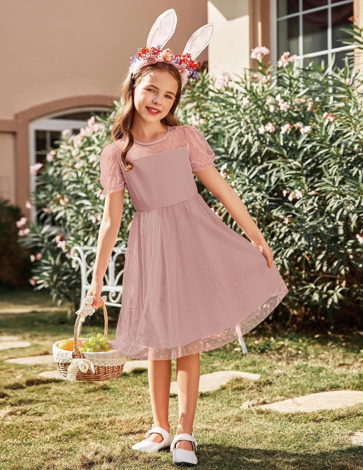 Arshiner Girls Dress Contrast Mesh Puffy Short Sleeve A Line Casual Party Dress 3-12 Years