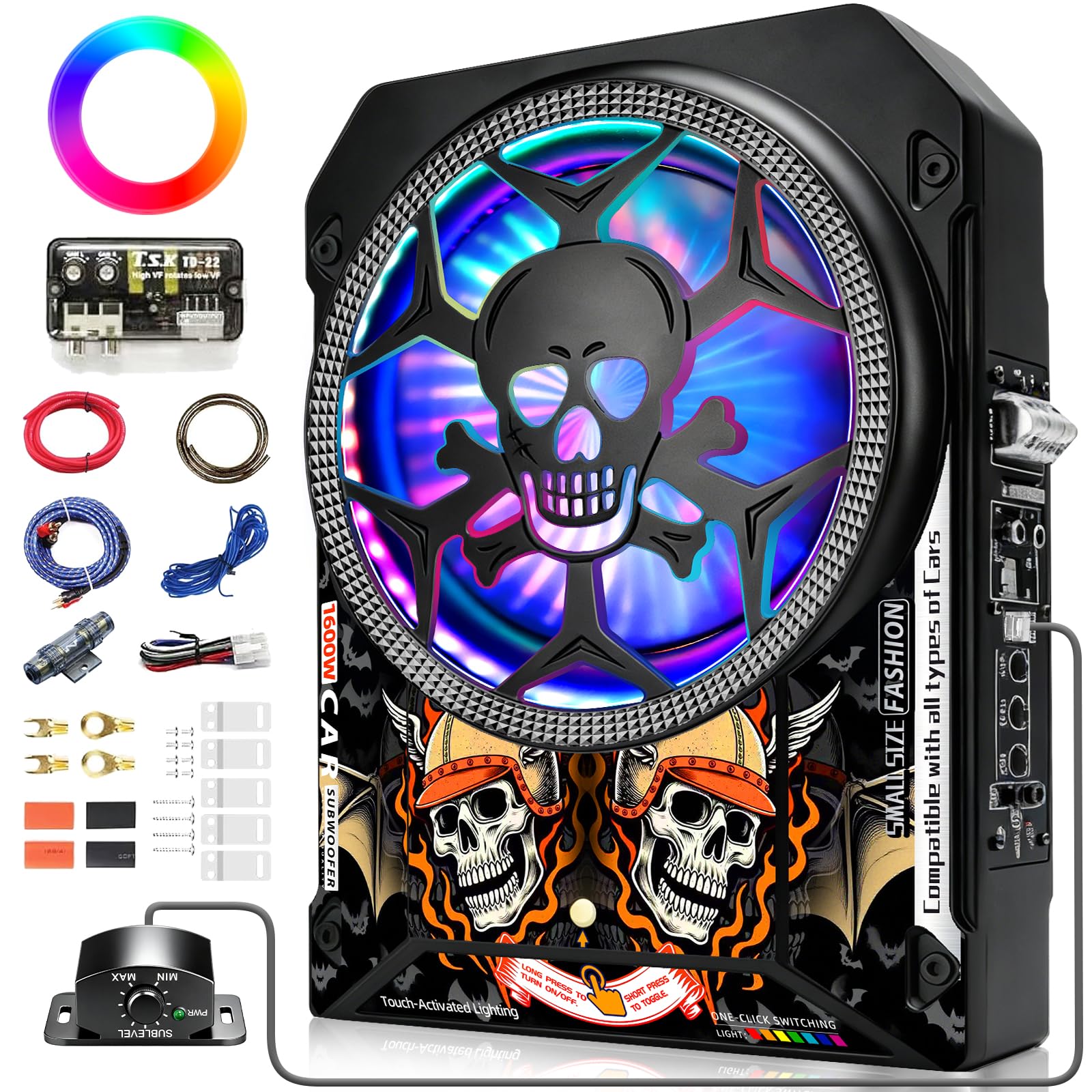 Photo 1 of TANVSO 2026 Upgraded 10" 1600W Slim Under Seat Subwoofer with Built-in Amp, Touch & Switch LED Modes, Powered Car Subwoofer Deep Bass, Underseat Subwoofer for Car/Truck SUV – Subwoofer and Amp Package