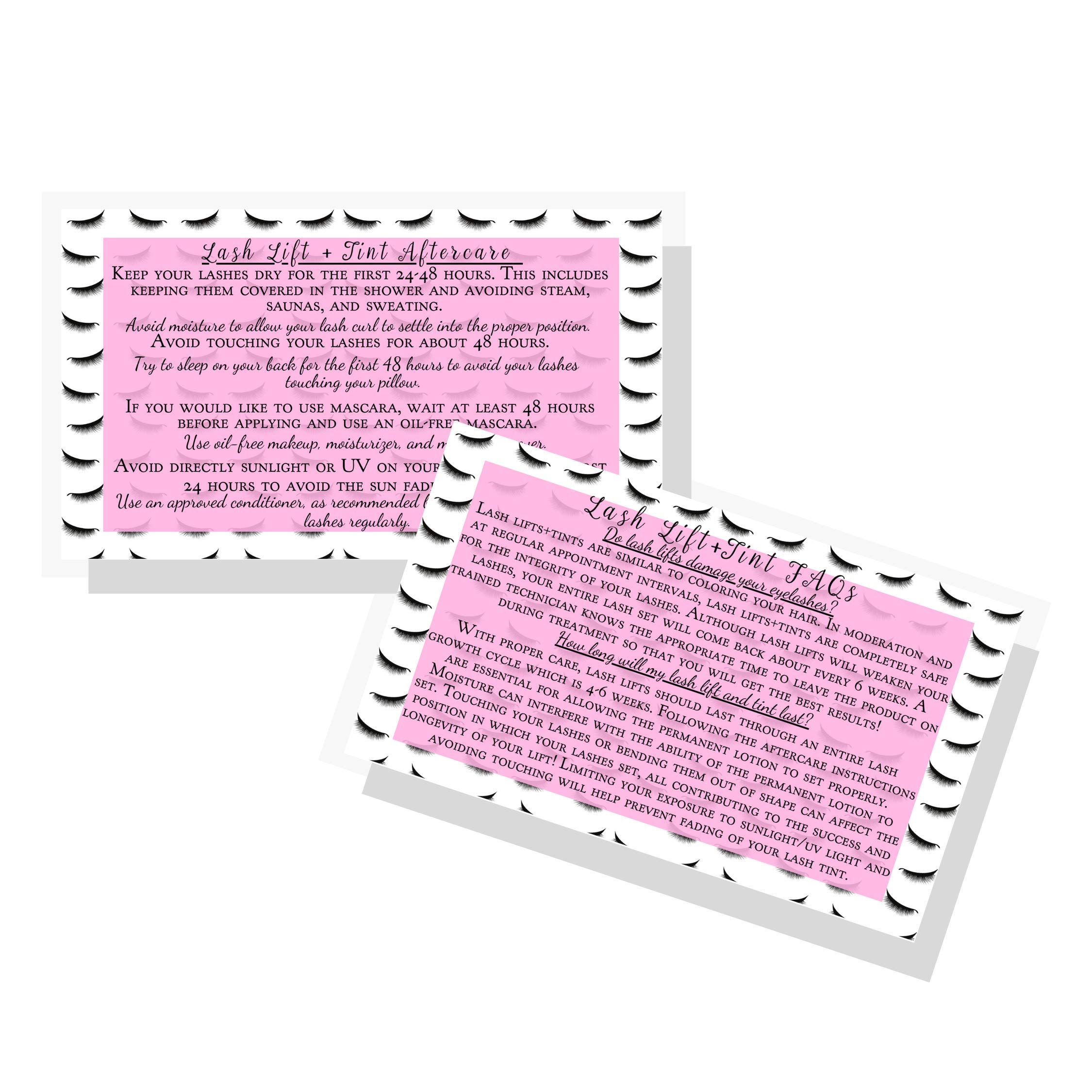 Lash Lift + Tint Aftercare Instruction Cards | 50 Pack | 2 x 3.5” inches Business Card Size | Eyelash Lift and Tint Kit at home diy aftercare supplies | Lash Print with Pink Inlay Design