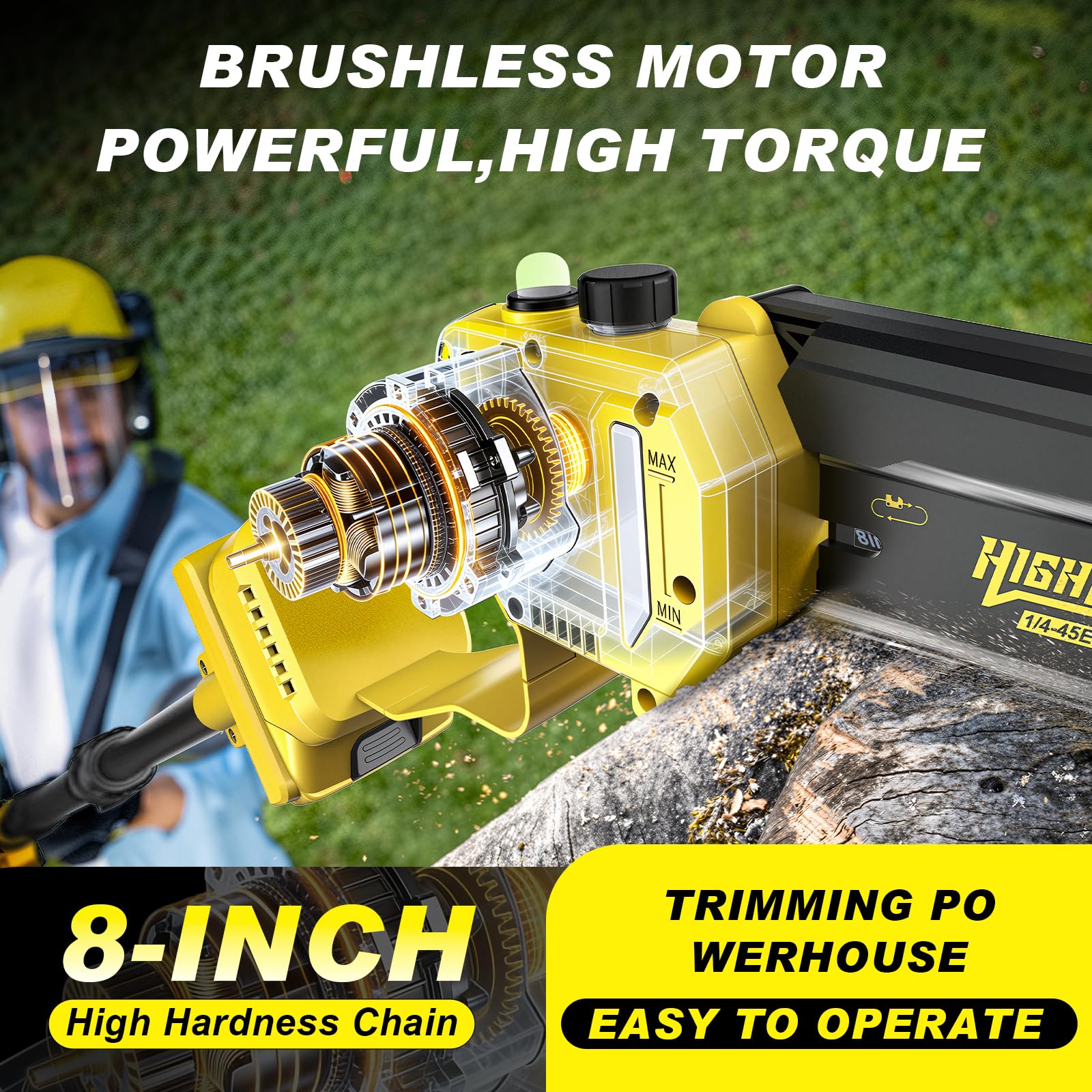 Sierra de Cadena Mini 8 Pulgadas Inalámbrica 4 en 1 Motor Sin Escobillas Vástago Telescópico 4,2m 2×4,0Ah Baterías
