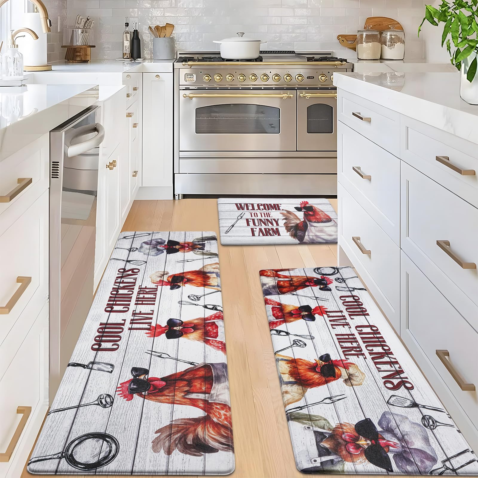 Likiyol Farmhouse Kitchen Rugs [3 PCS] Anti-Fatigue Kitchen Mats for Floor Rooster Stripe Floor Kitchen Mat Non-Slip Washable Waterproof Cushioned Rug for Home/Office, 18''x30''+18''x48''+18''x60''