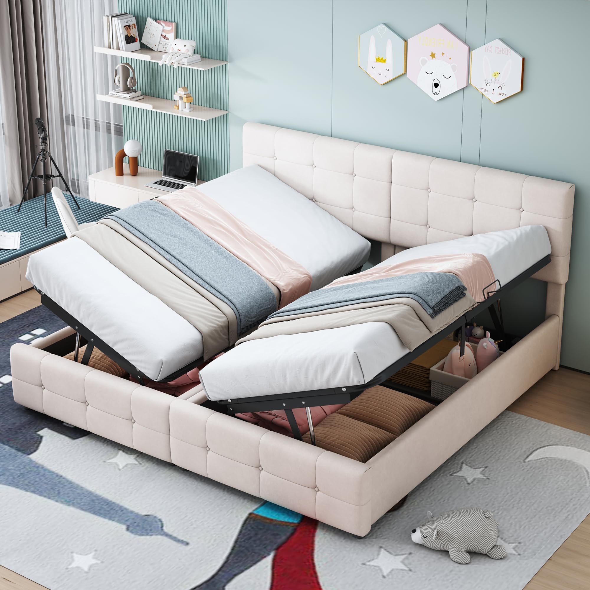 Kayan Letto a molle, 180 x 200 cm, con cassettone, letto matrimoniale imbottito con rete a doghe, telaio con vano portaoggetti, per camera da letto, letto funzionale, tessuto in velluto, senza