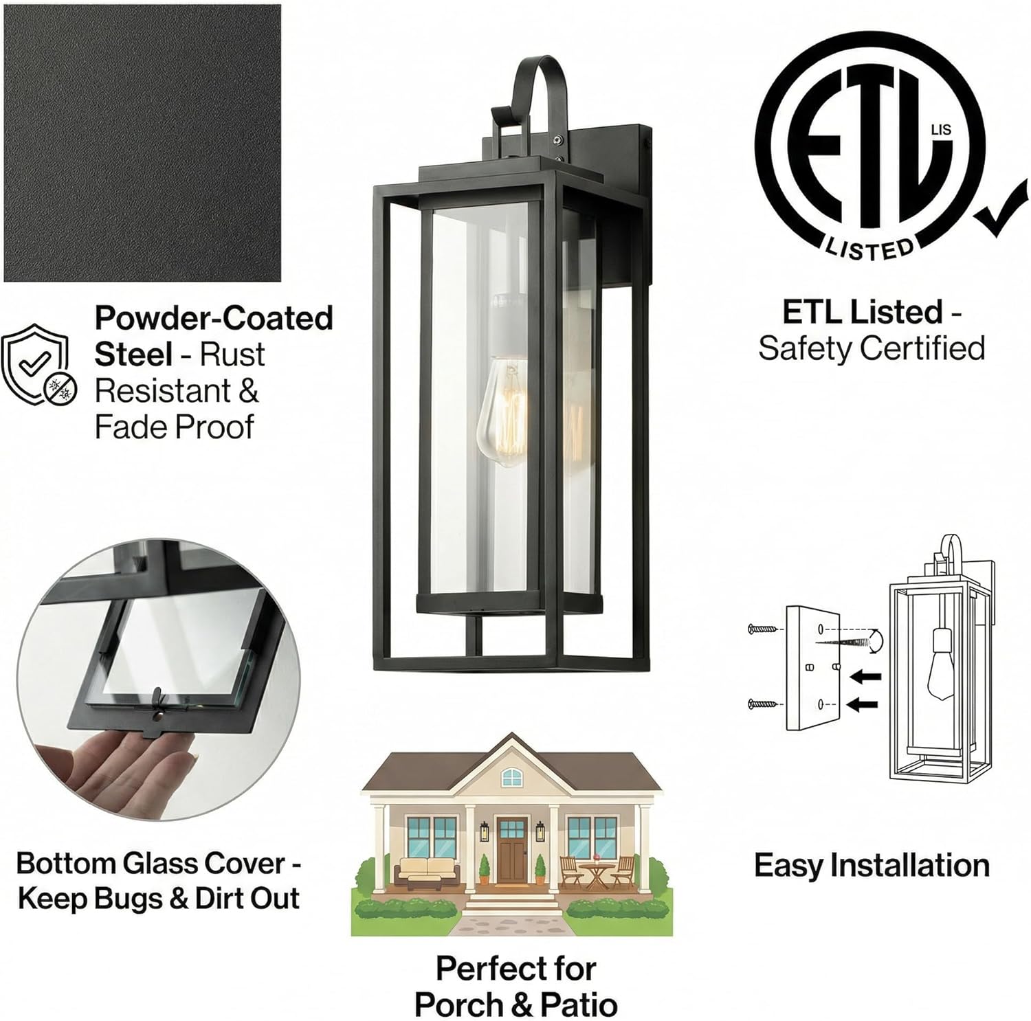 mirrea Classic Outdoor Wall Sconce 1 Light in Rectangular Metal Frame and Clear Glass Shade Waterproof Porch Light Patio Light Matte Black 22"