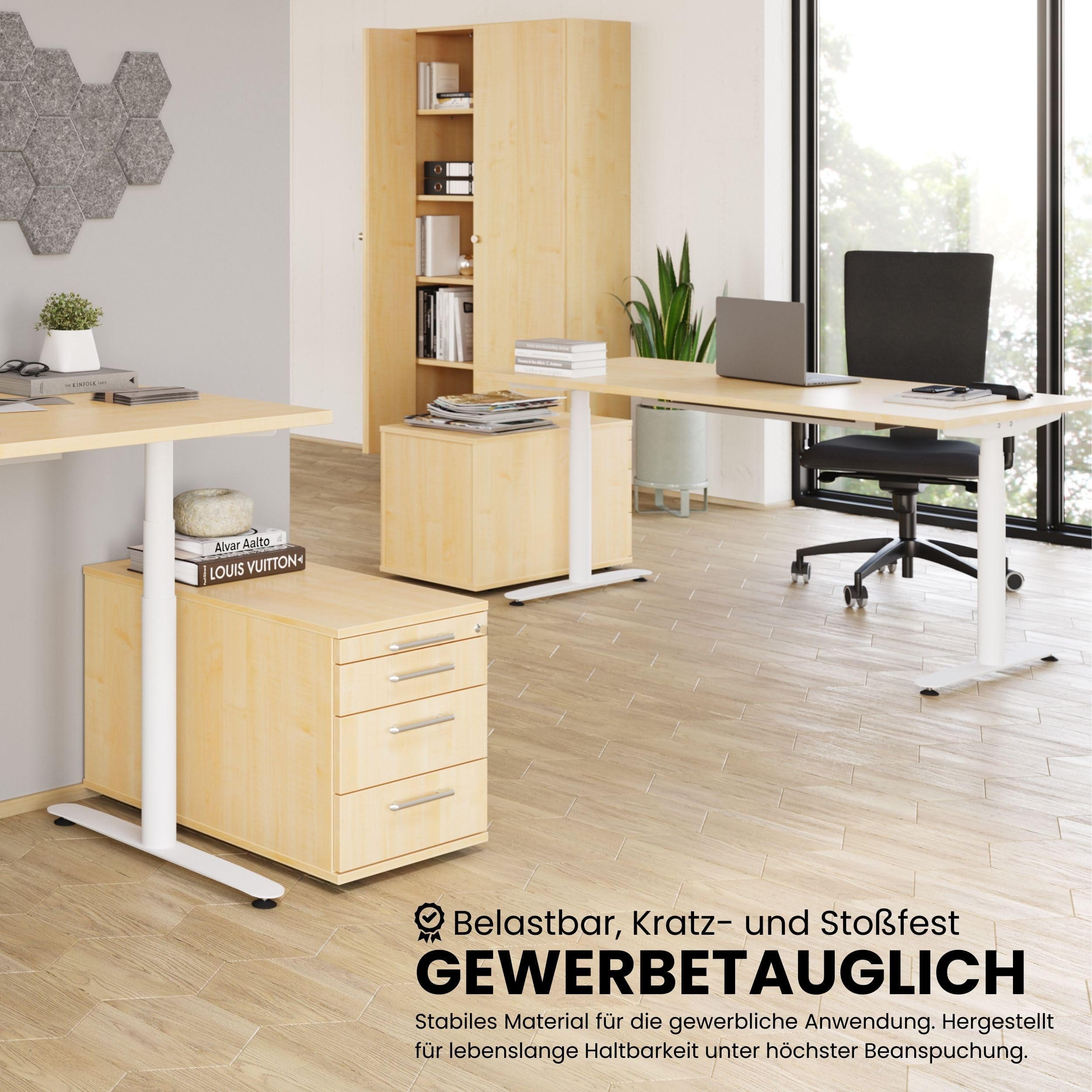 bümö Rollcontainer mit Schubladen, Container abschließbar aus Holz in Ahorn - Rollwagen für's Büro als Schreibtisch Unterschrank, Bürocontainer od. Schreibtischcontainer mit Bogengriffe