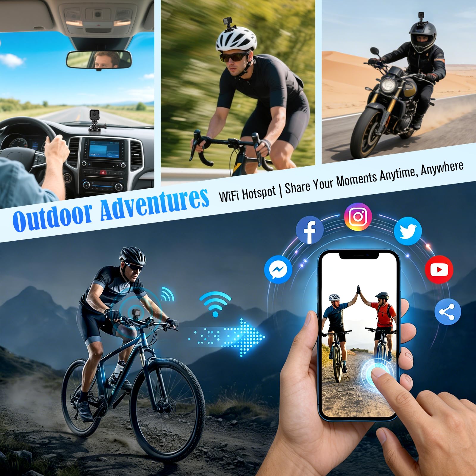 Mini Action Cam,WiFi 1080P HD & 120° Wide Angle Helmet Camera, versione migliorata Dashcam bicicletta con scheda di memoria da 64 GB