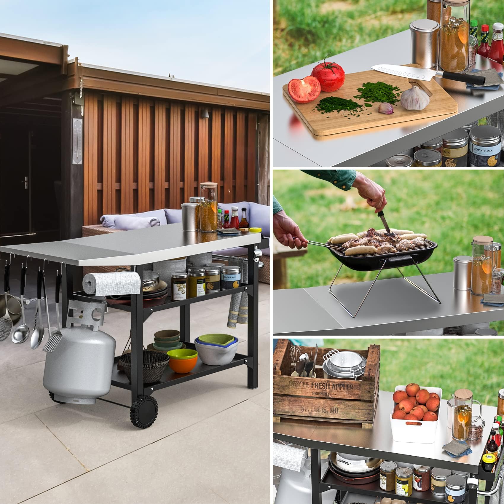 onlyfire Grillwagen 120cm mit Edelstahl Arbeitsplatte, Outdoor Grilltisch 3-Etagen für Pizzaofen und Gasgrill, Rollen und Servierwagen mit Gewürzbox, BBQ-Tisch, Outdoor Grill Trolley