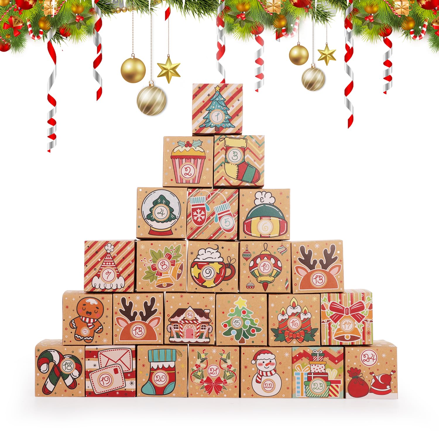 Christmas Advent Calendar Box, 24 Empty Advent Calendar Boxes to Fill Christmas Countdown Gift Box with Number Christmas DIY Gift Wrapping Decoration for Kids Adults Home Office